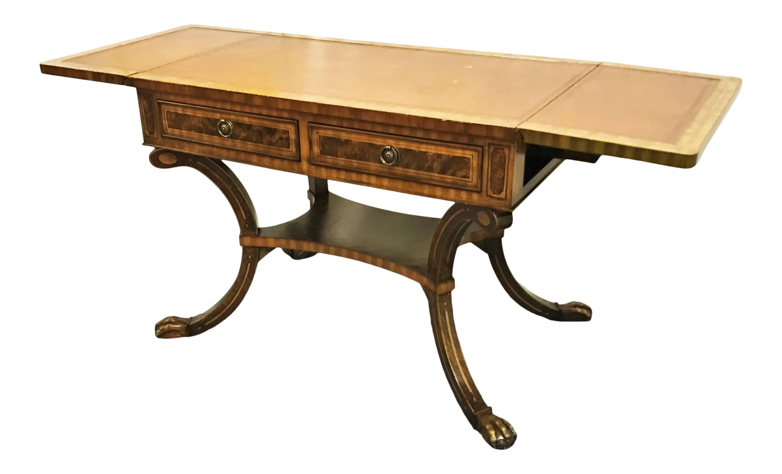 Regency Style Reproduction Faux Bois Painted Drop Leaf Sofa Table/ Desk: Fabulous reproduction drop-leaf Regency style desk. The overall piece is painted in a faux bois style to look like wood grain with faux inlay wood details, and two drawers with brass hardware. It has 