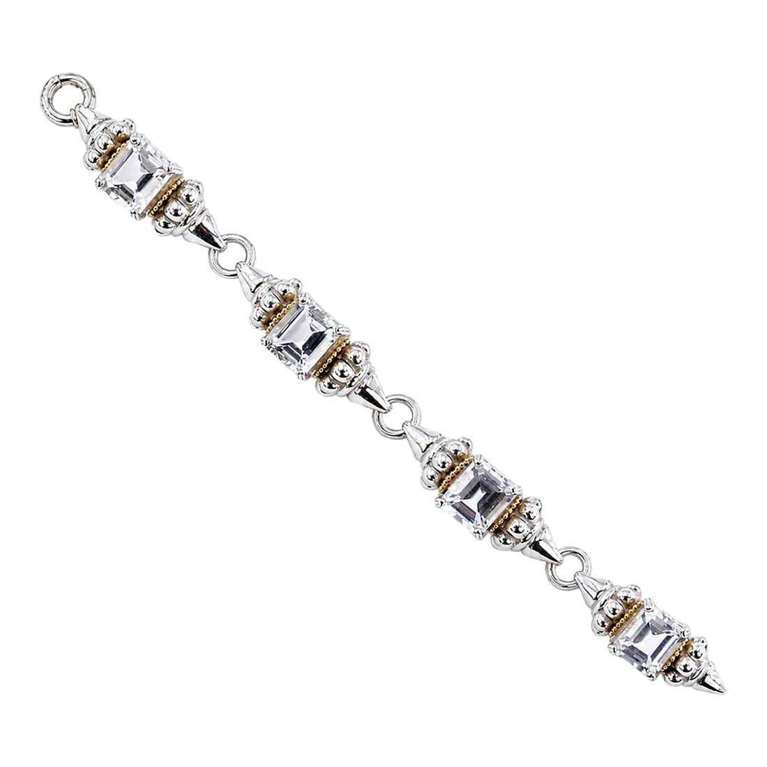 Lagos Caviar Sterling Silver Bracelet: Lagos Caviar Sterling Silver bracelet with 4 emerald cut Topaz. 41.43 grams Condition: Alterations: Original Condition Unaltered Imperfections: Some Imperfections Condition Notes: Excellent Origin: