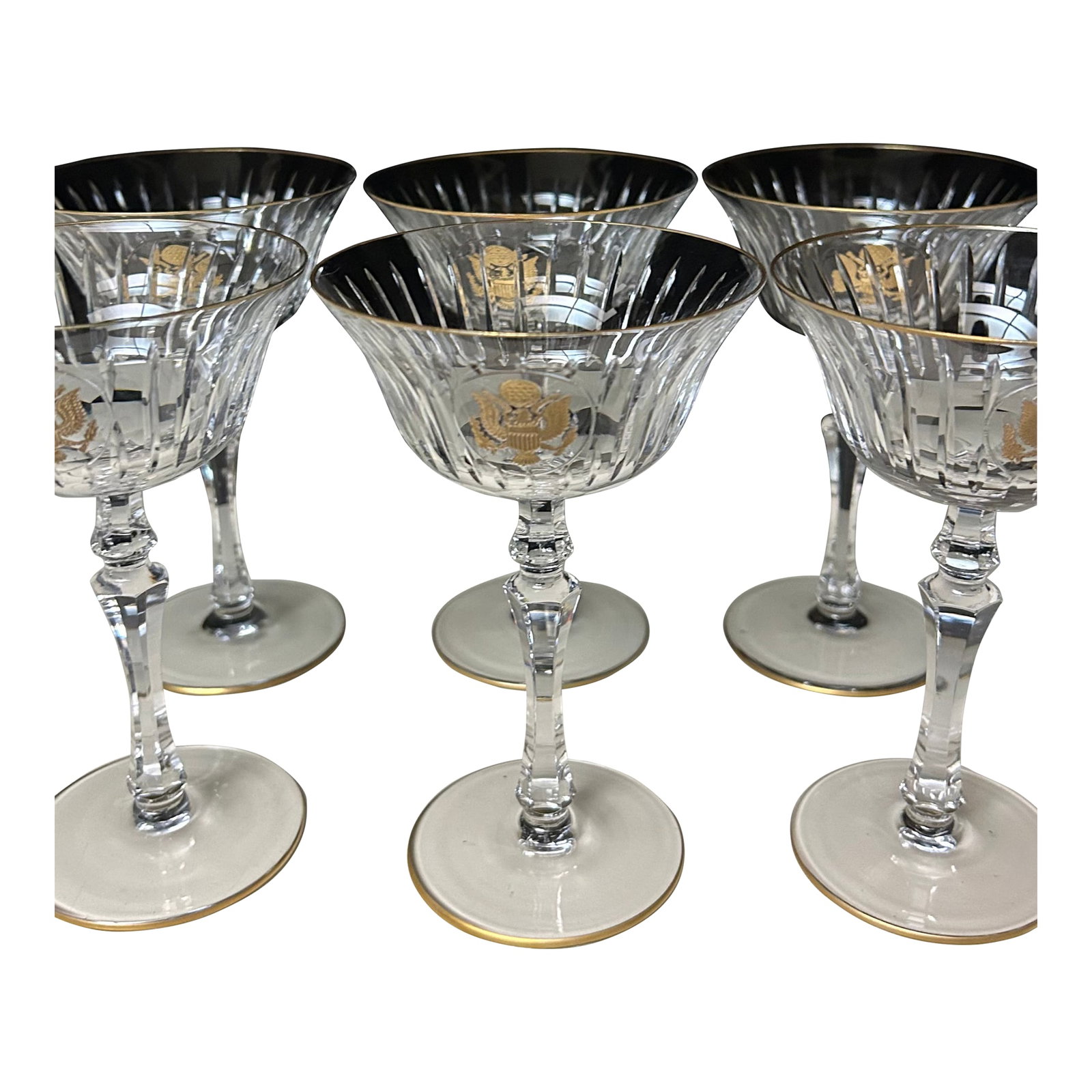 1960s U S State Dept Gold Seal (6) Champagne Glasses: Set of (6) US State Dept Gold Seal Champagne/Tall Sherbet Glasses. Size: 6 1/4" h x 4" d. Each Rim and Base Is Trimmed in 22k Gold. They were made by "Bayel Crystal--France". The pattern name is