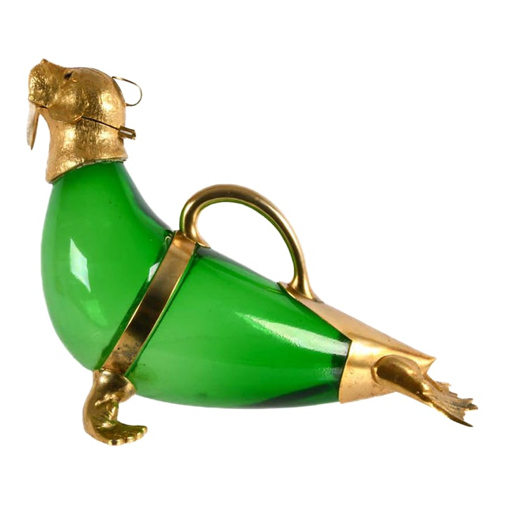Vintage Green Glass & Gilt Metal Walrus Claret Wine Decanter (1 of 8)