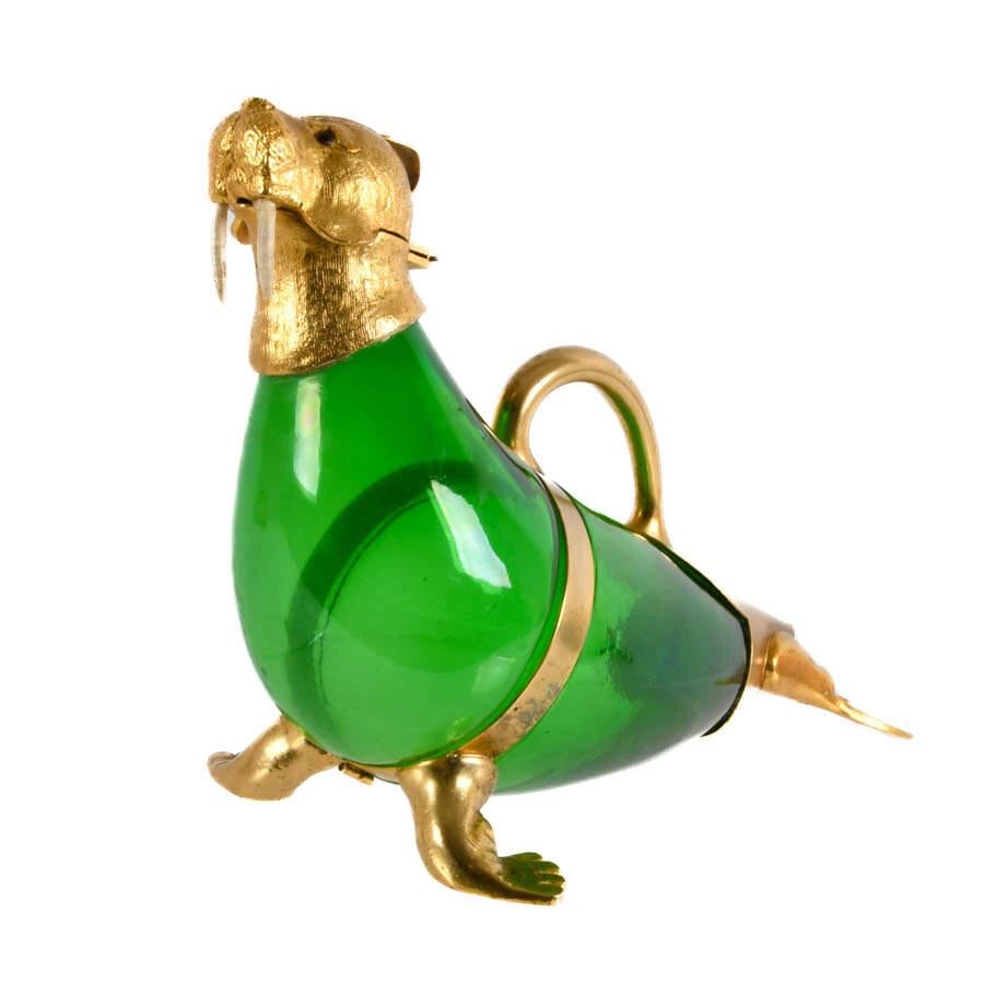 Vintage Green Glass & Gilt Metal Walrus Claret Wine Decanter - 2