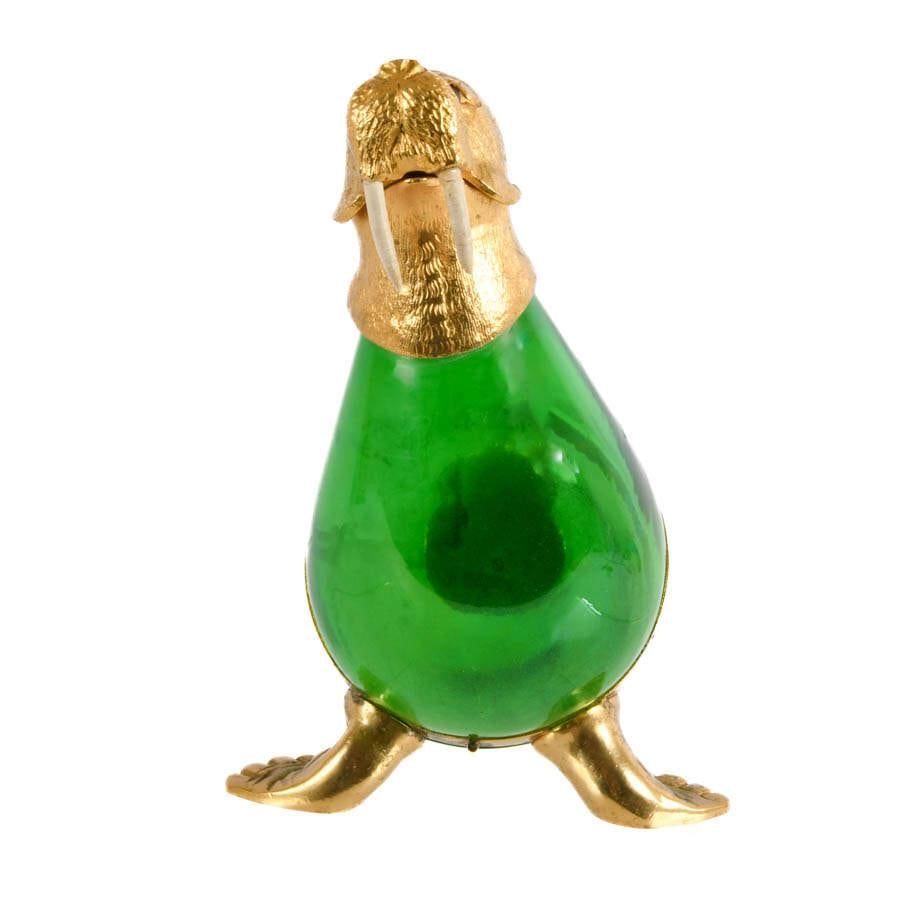 Vintage Green Glass & Gilt Metal Walrus Claret Wine Decanter - 3