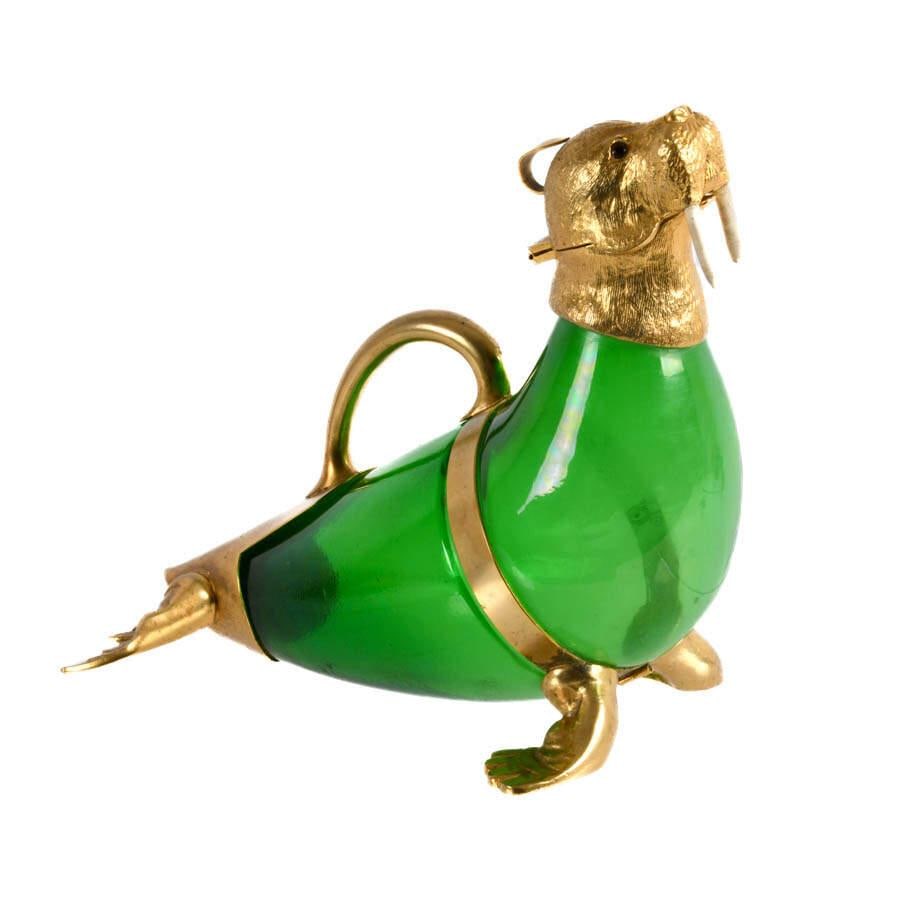 Vintage Green Glass & Gilt Metal Walrus Claret Wine Decanter - 4