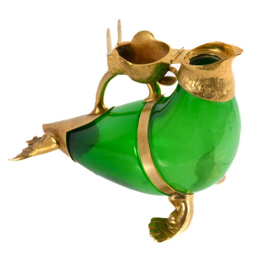 Vintage Green Glass & Gilt Metal Walrus Claret Wine Decanter - 6