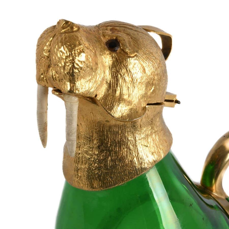 Vintage Green Glass & Gilt Metal Walrus Claret Wine Decanter - 8