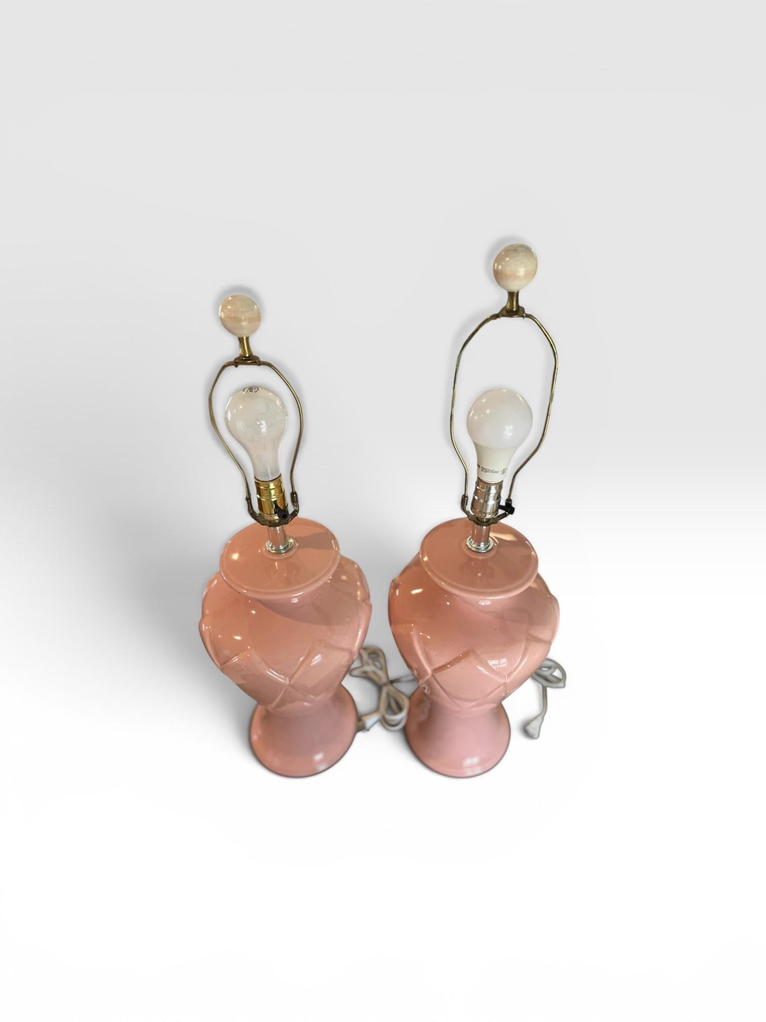 Pair of Vintage Blush Pink Ceramic Diamond Pattern Table Lamps With Three Settings/No Shades - 2