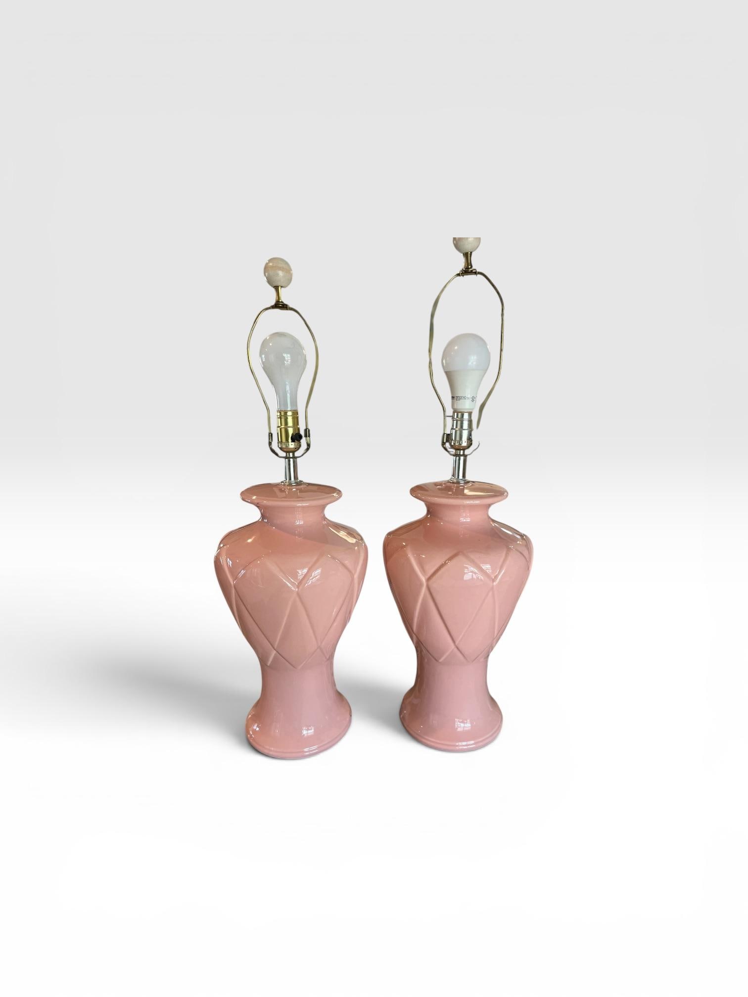 Pair of Vintage Blush Pink Ceramic Diamond Pattern Table Lamps With Three Settings/No Shades - 3