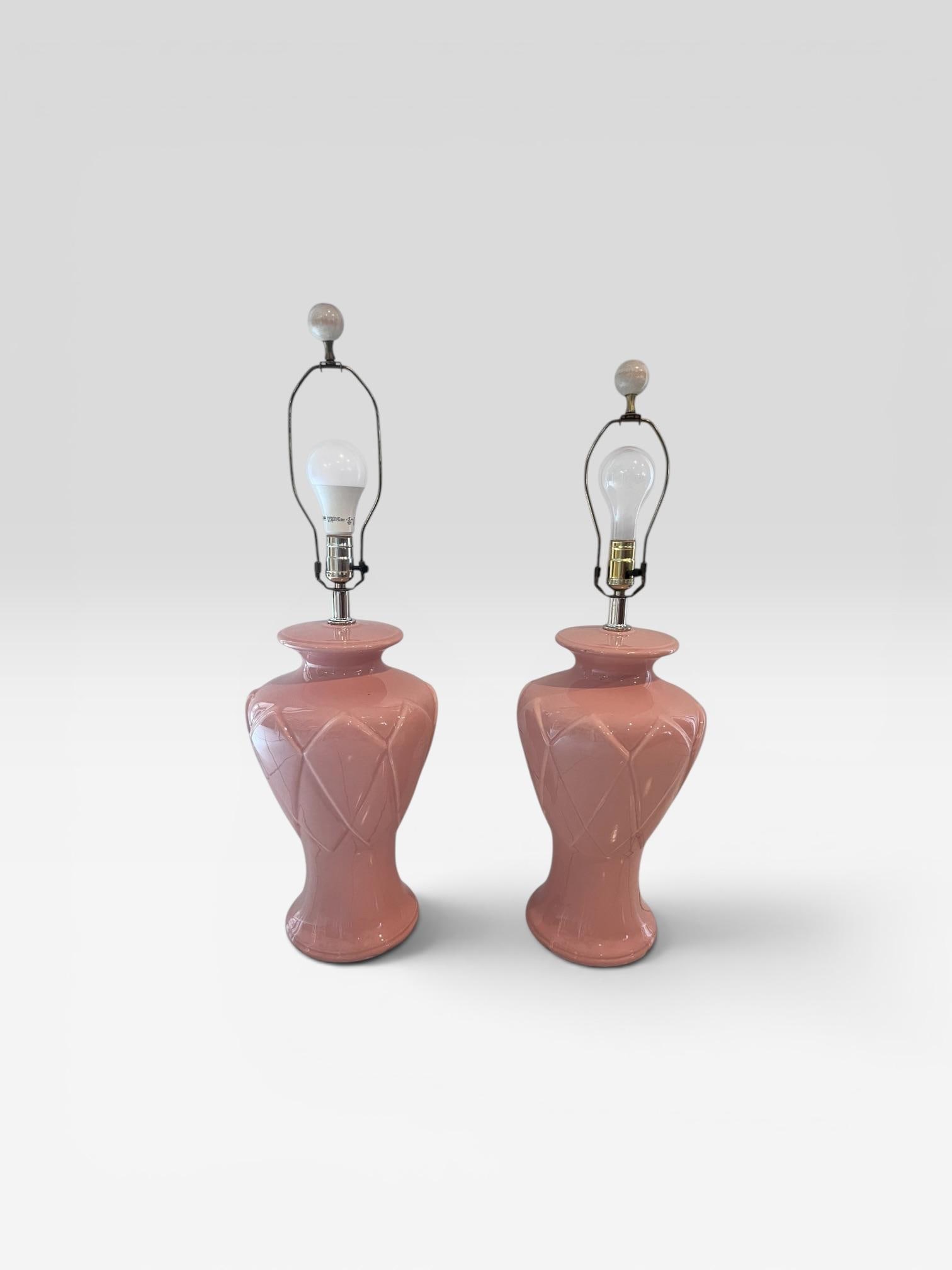 Pair of Vintage Blush Pink Ceramic Diamond Pattern Table Lamps With Three Settings/No Shades - 4