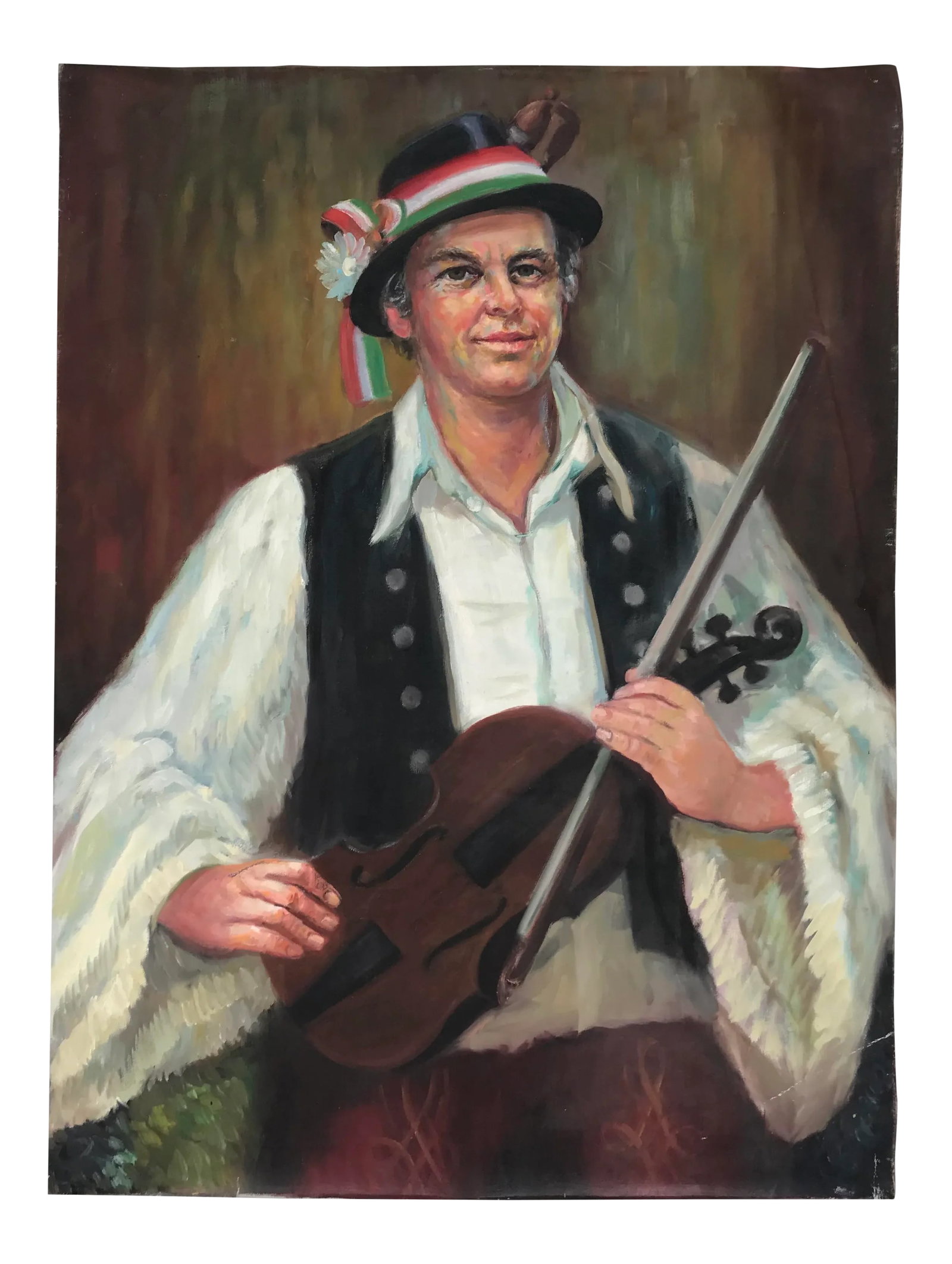 Early 20th Century Original European Violinist Portrait Oil Painting: This is a gorgeous, statement piece of art for any space! It is an original oil painting of a violinist wearing traditional garb. At the very top of the painting is the text Ruzsa Na'ndor. There is