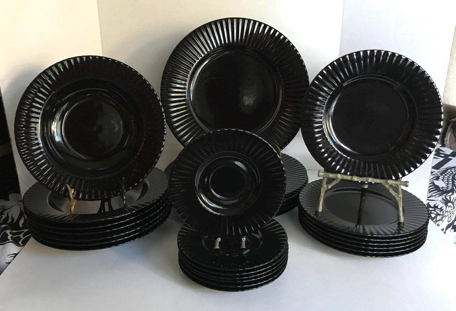 Vintage Mikasa Black Tulip Dinnerware Set - Set of 24 - 12
