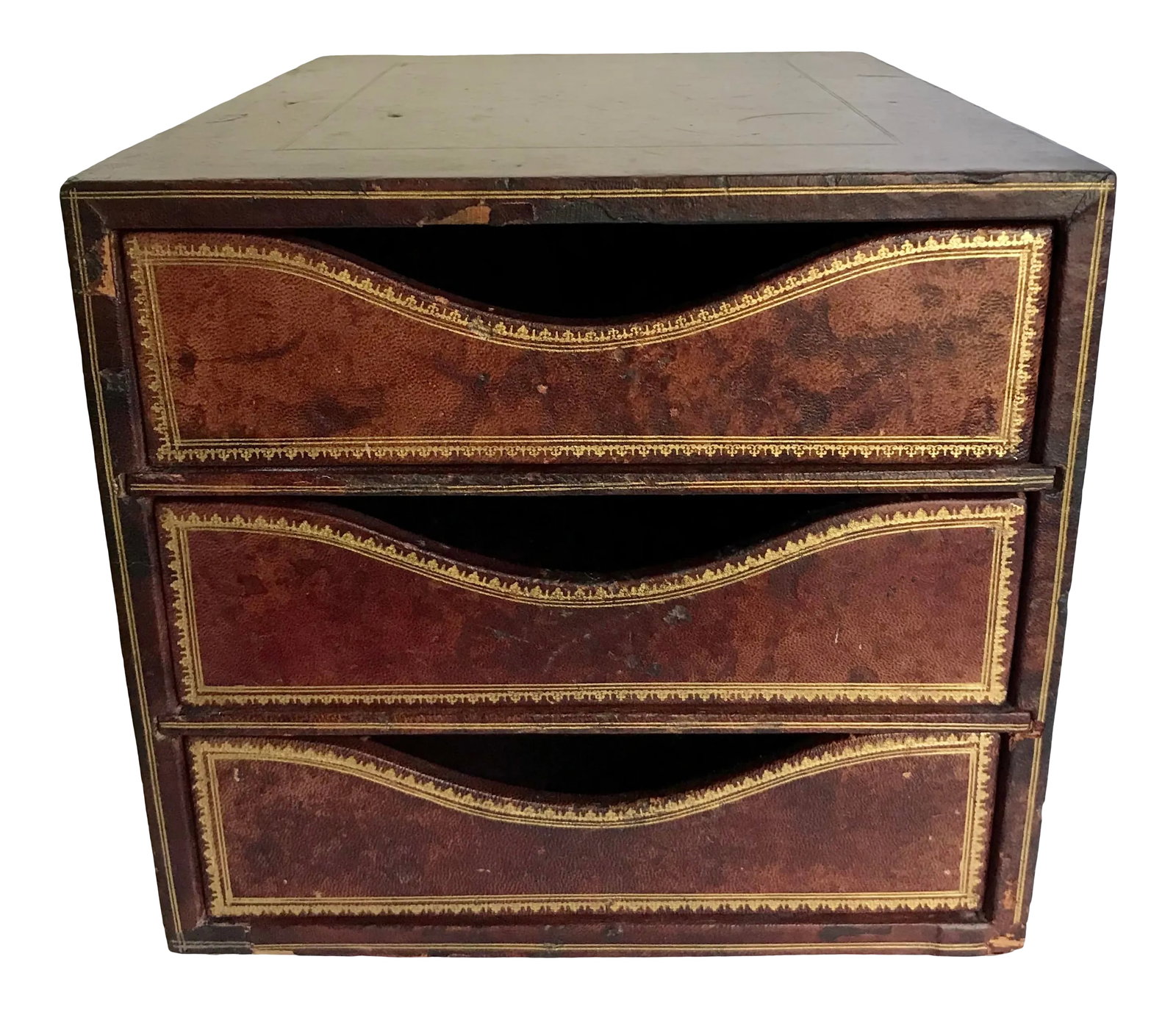 Antique c.p. Leathercraft 3 Drawer File Organizer: Here is one of two pieces of antique Leathercraft leather covered file organizers that I purchased from an incredible art dealer. This piece is wonderfully aged and worn! It is covered in a rich