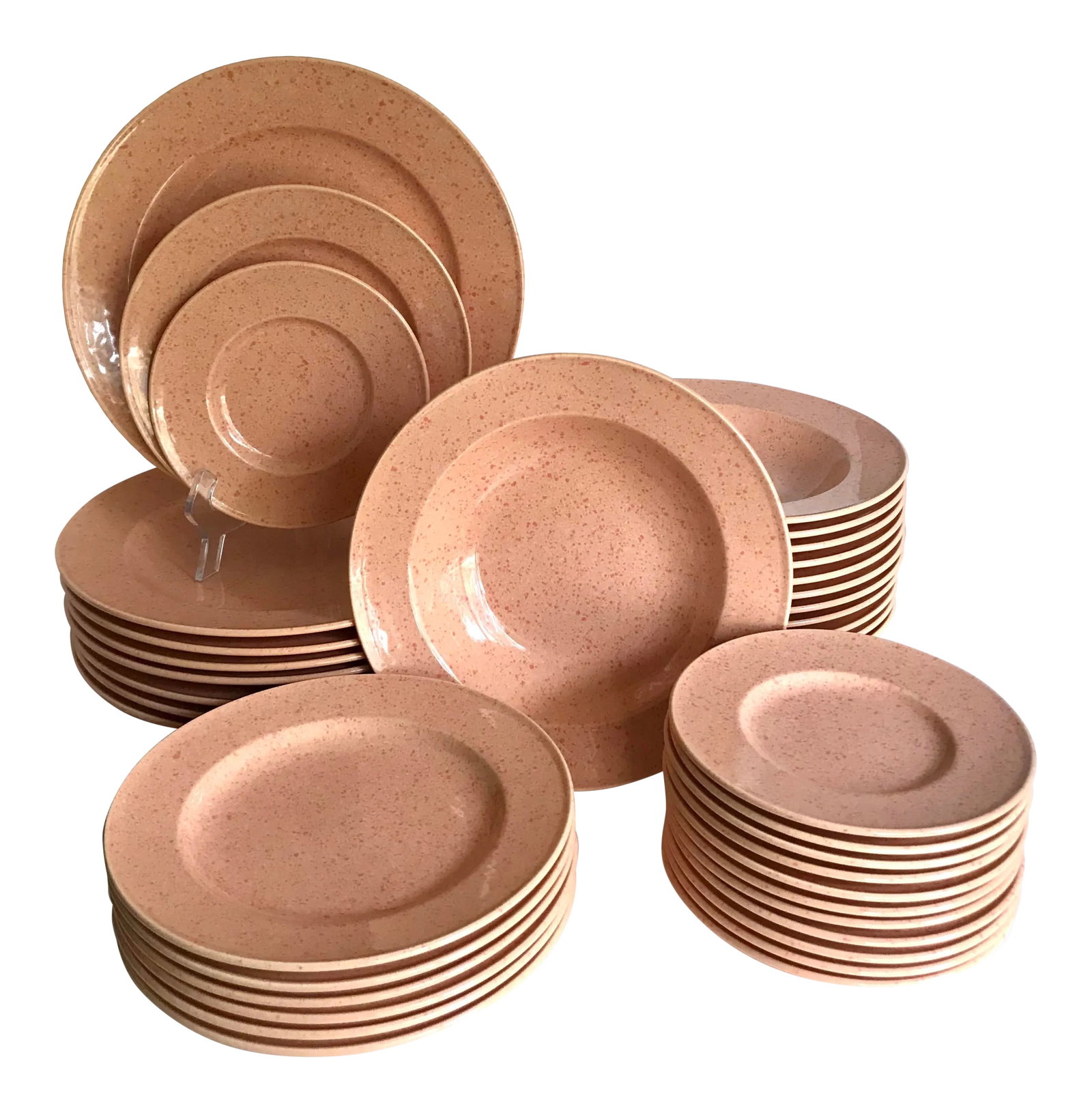 1990s Post Modern Mikasa "Ultrastone Melon" Set of 36 Dishes: This is such a gorgeous set of dishes made by Mikasa in 1991 (discontinued the same year). It has a cantaloupe melon color (a peachy-pinky-orange) and a speckled paint technique. The plates are