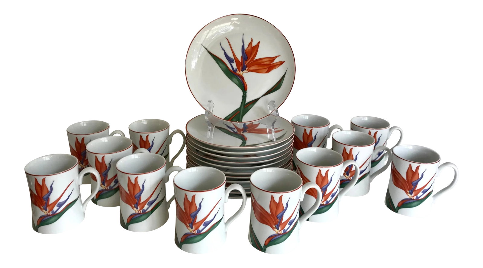 24 Pieces - 1980's Birds of Paradise Mug and Plate Set: This is such a wonderful set from the 1980's that has both a mug and plate set for 12! Each piece has the bird of paradise flower detail with orange and purple/violet colors. The background is this