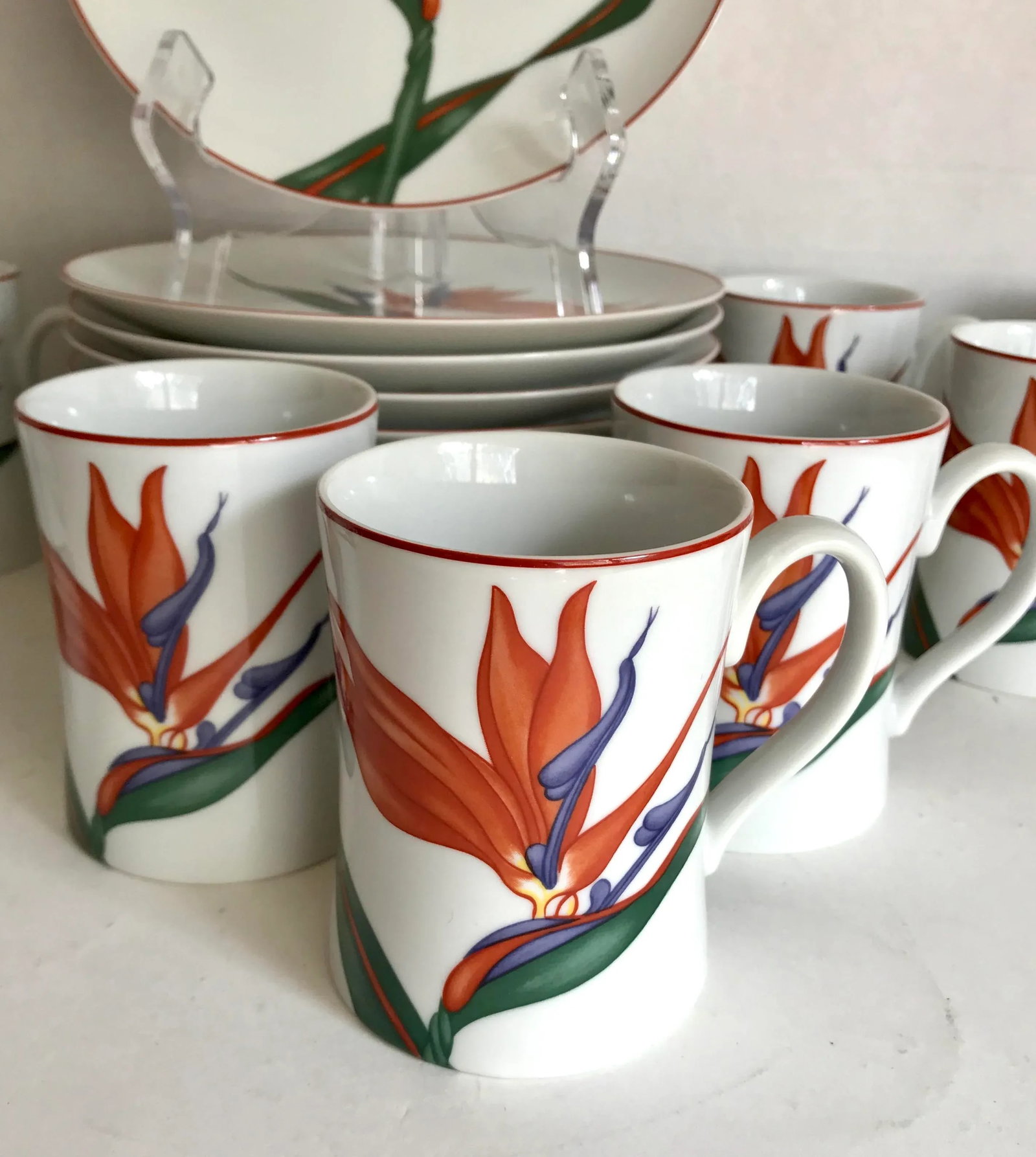 24 Pieces - 1980's Birds of Paradise Mug and Plate Set - 3