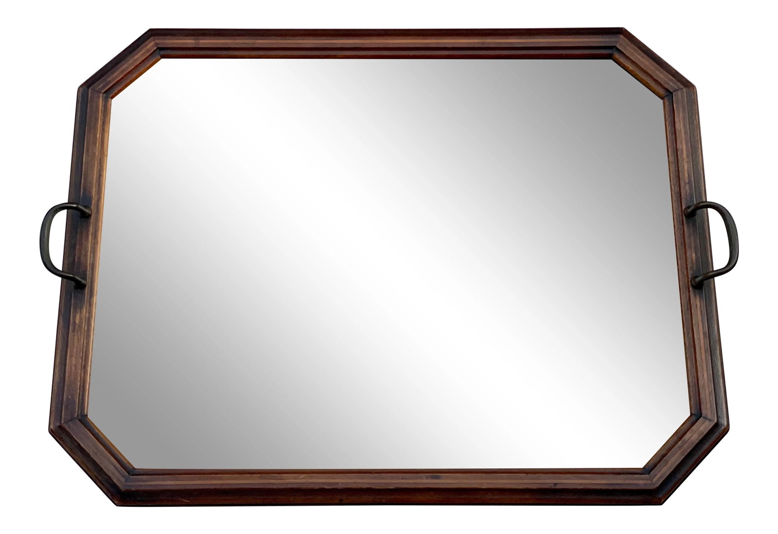 Antique Inlaid Wood and Glass Handled Tray: Here is a stunner of a tray! Please note the size, as this is an impressive piece and much larger than most. The tray is from the late 19th or early 20th century. It has a wood frame with an inlaid wo