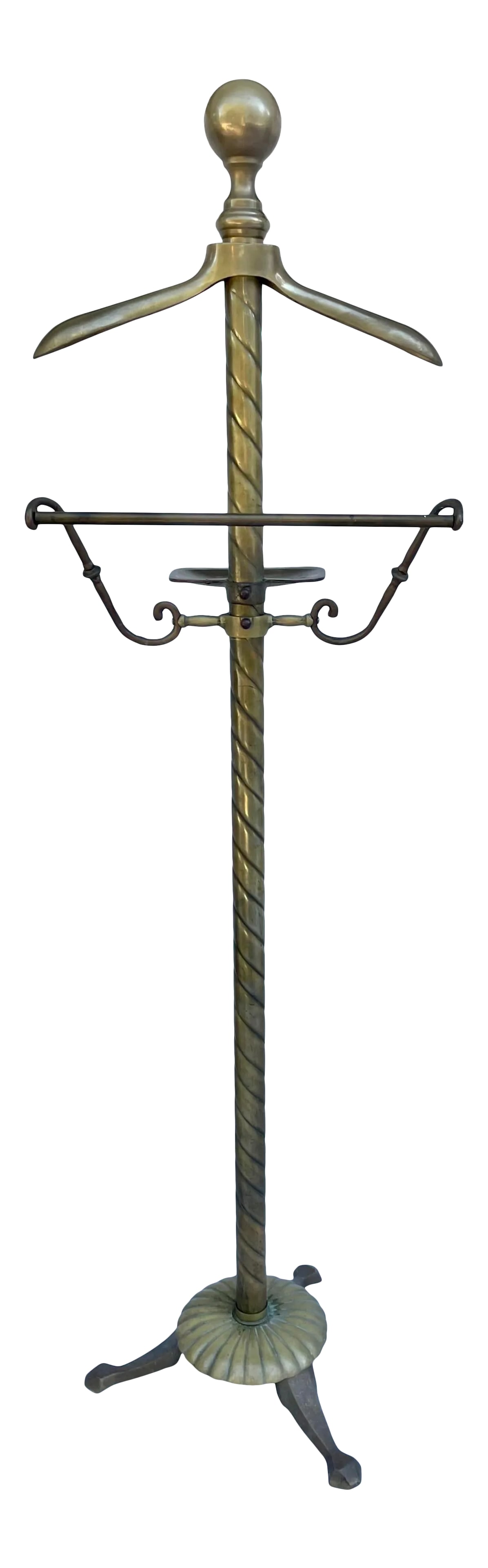 Early 20th Century Art Deco Solid Brass Gentleman's Valet: Here is a gorgeous valet stand that is from the early 1900's - 1940's. It is made of brass and has a wonderful patina. The piece sits on a tripod base with a wonderful floral inspired detail on the
