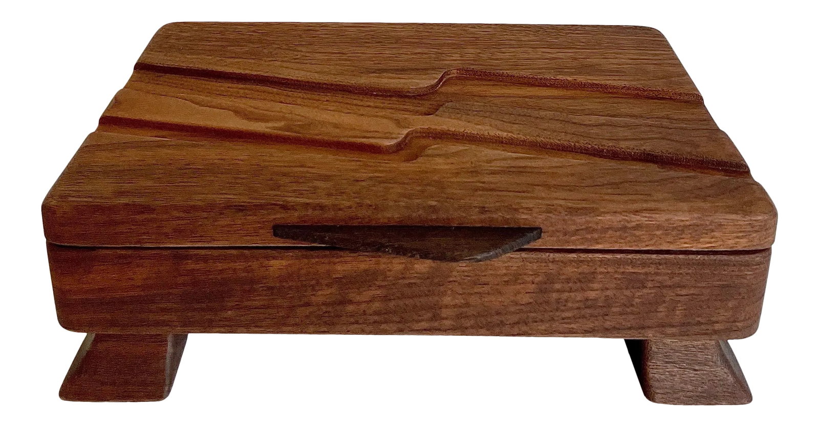 Mid 20th Century Hand-Made Signed Art Deco Wood Jewelry Accessory Box: Here is a stunning piece of functional art! It is a hand-made, hand carved box that is lined in a caramel suede for your treasured accessories and jewelry. The lidded box has amazing wood grain, a