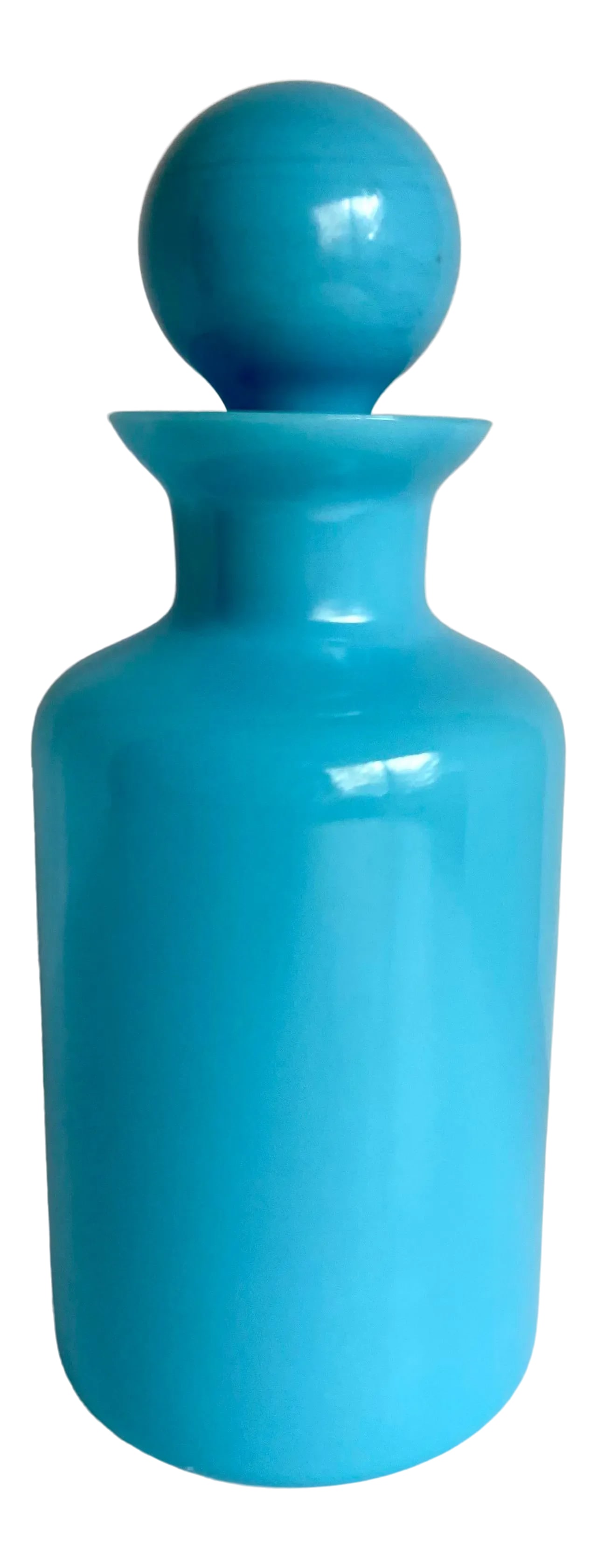 1940's Portieux Vallerysthal French Blue Opaline Decanter: Here is a beautiful and unique decanter made in France by Portieux Vallerysthal. You can see the original label on the bottom and the gorgeous blue color! What makes this piece special is the