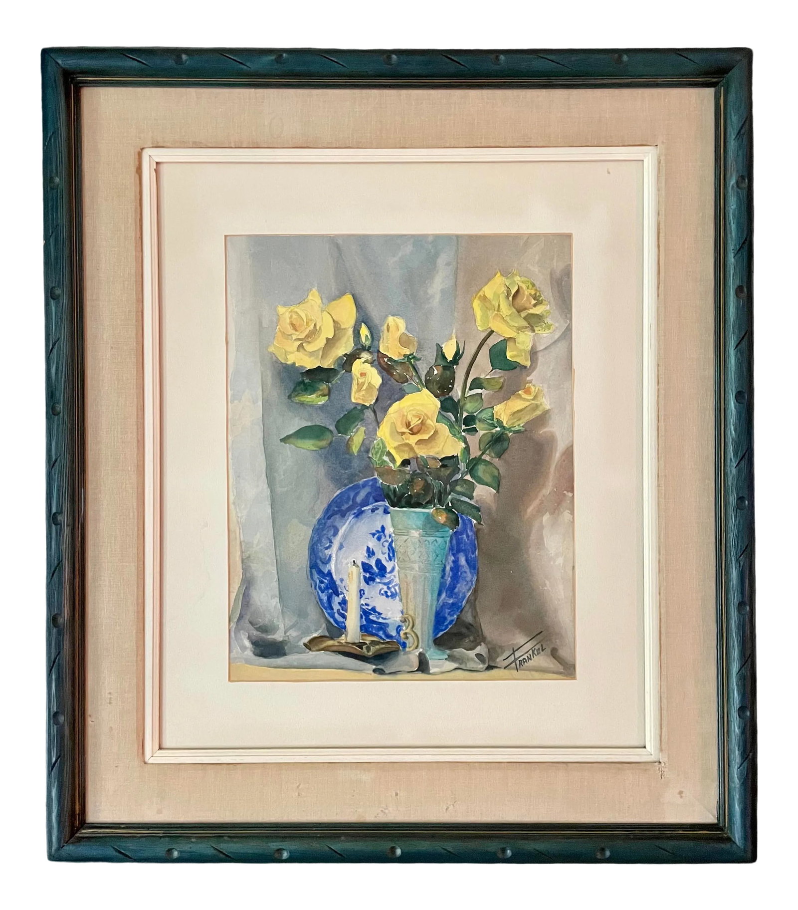 Mid-Century Modern Original Watercolor Still-Life Painting by Frankel: Here is a lovely, vintage painting by Frankel of a still-life tabletop scene. The stars of the painting are the vibrant yellow roses in the silvery-blue vase. Behind the vase is a blue and white china