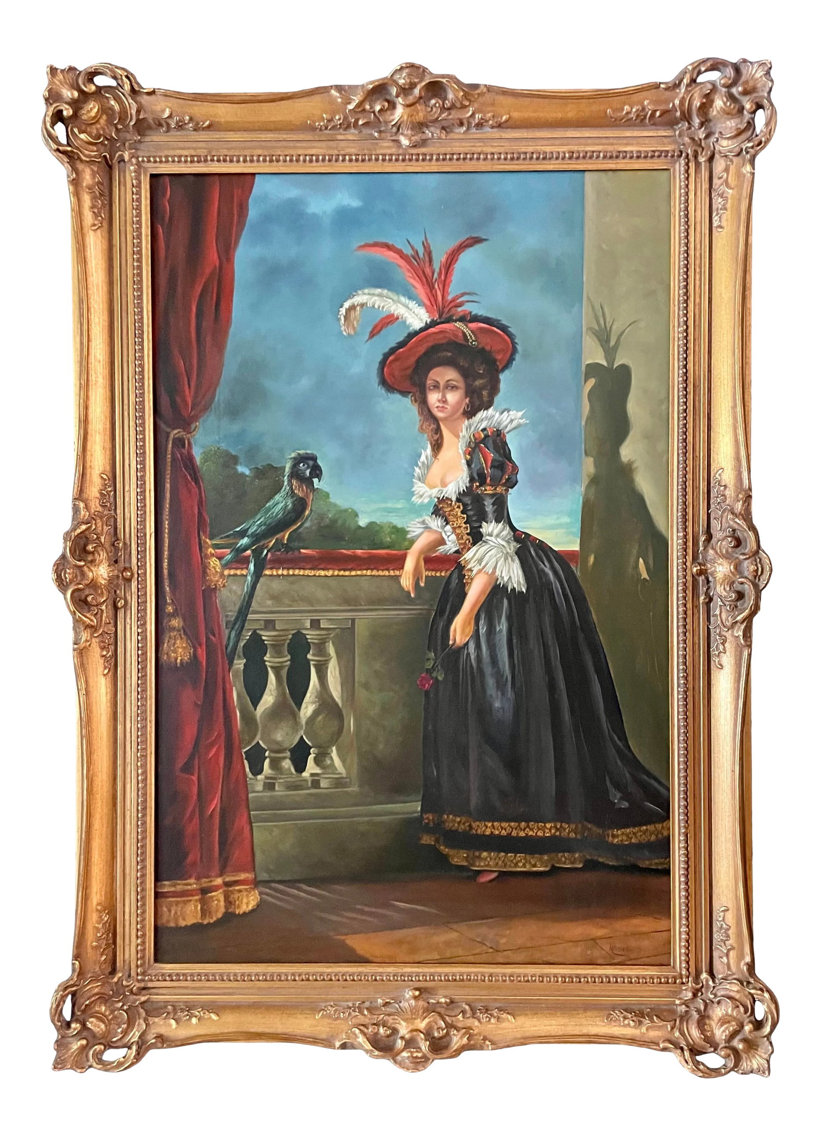 Antique Fine Art Original Signed Painting of Woman on Balcony: Here is an incredible fine art painting signed by "Heidari" on the lower right corner. It is a piece that showcases a fashionable woman, holding a rose on a balcony. She has a parrot perched beside