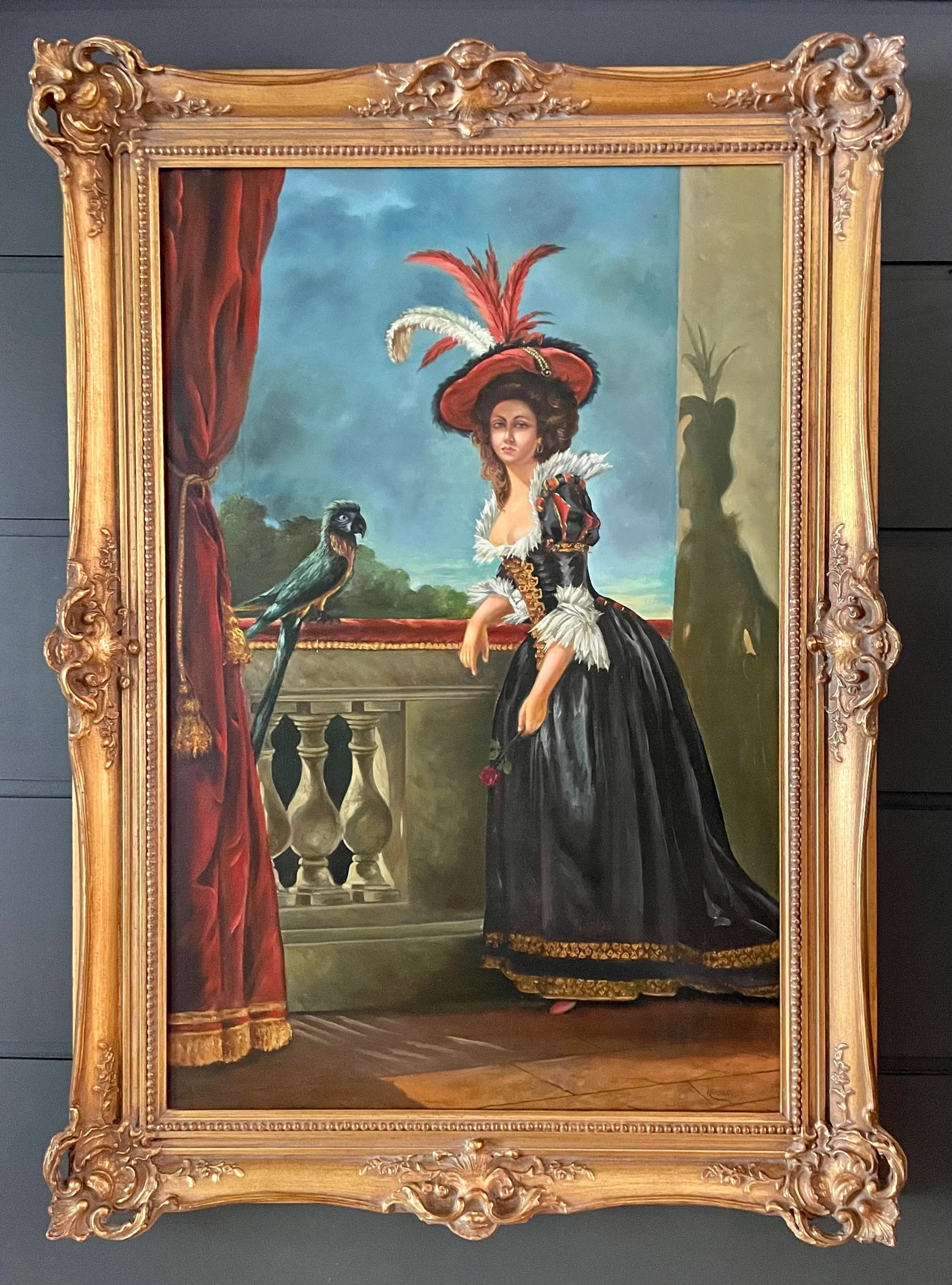 Antique Fine Art Original Signed Painting of Woman on Balcony - 2