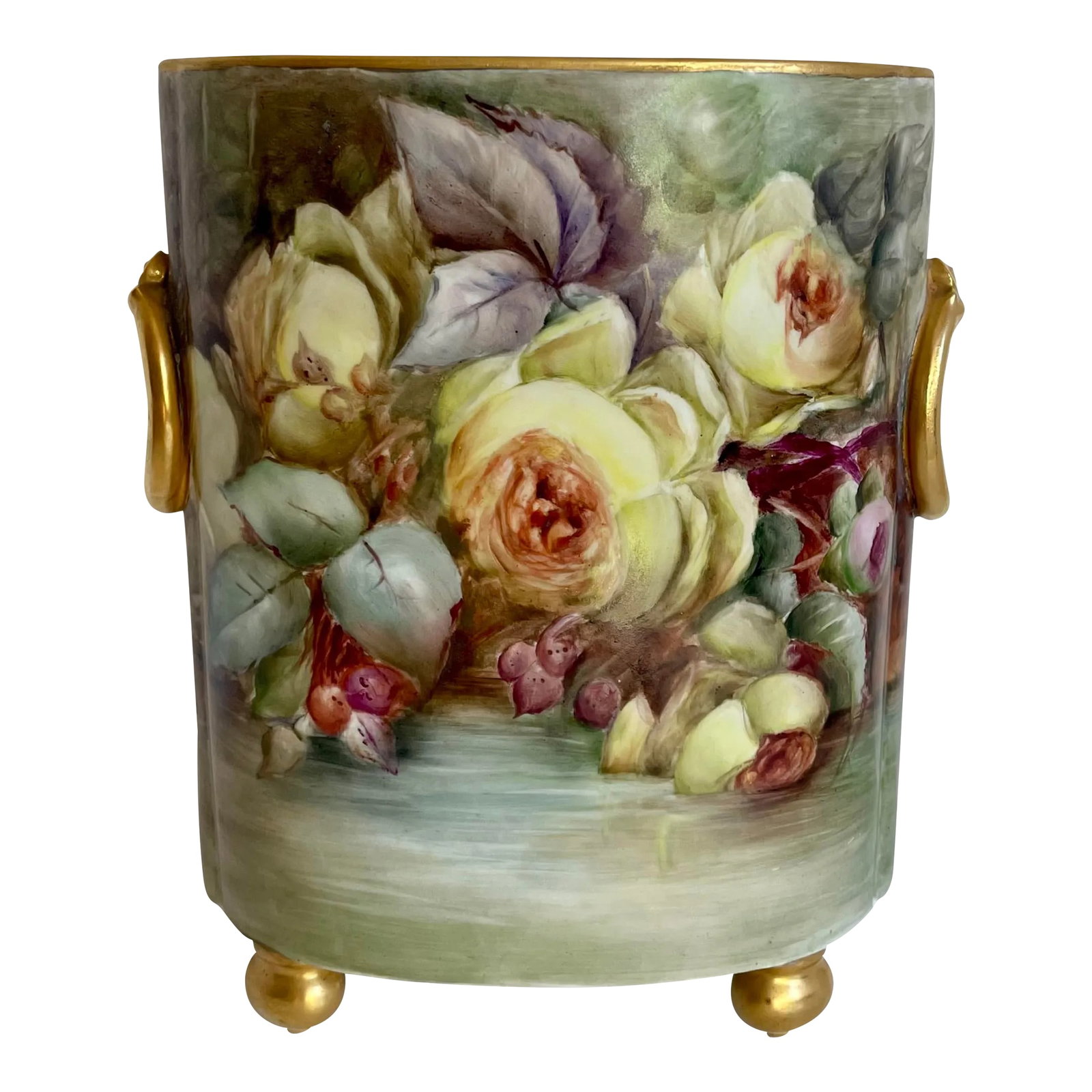 Antique Guerin Limoges Porcelain Cachepot Vase: Here is an absolutely stunning piece made by William Guerin ("W G & CO.") for Limoges in the late 1890's-early 1900's. The piece is made from porcelain with gold painted details and two hand-painted s