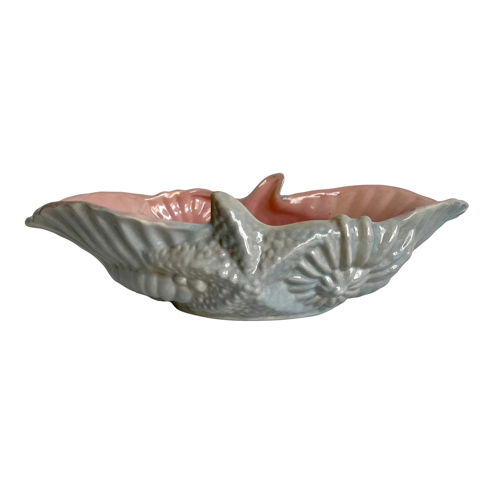 Mid 20th Century Gonder Pottery 500 Gray and Pink Sealife Shell Bowl: Here is a lovely, hand-made glazed pottery bowl, made by Gonder USA in the 1940-50's. It features a sealife theme, with a starfish on each side and nautilus shell details on the sides. The outside is