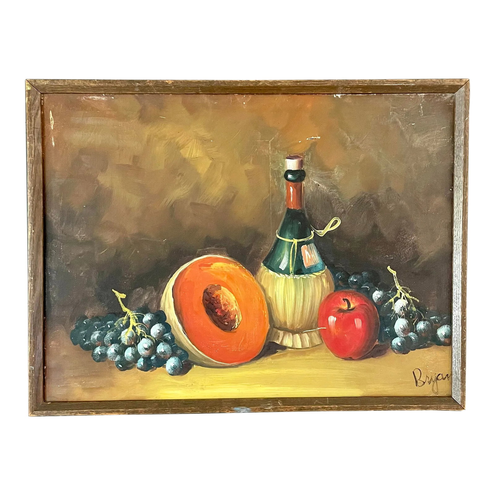 Early 20th Century Original Rustic Spanish Still- Tablescape Painting Signed Bryan: Here is a fantastically, worn and rustic painting featuring a tables cape of wine and fruit. I love the old world feel of this original painting. It is framed in a simple wood frame, with wire on the