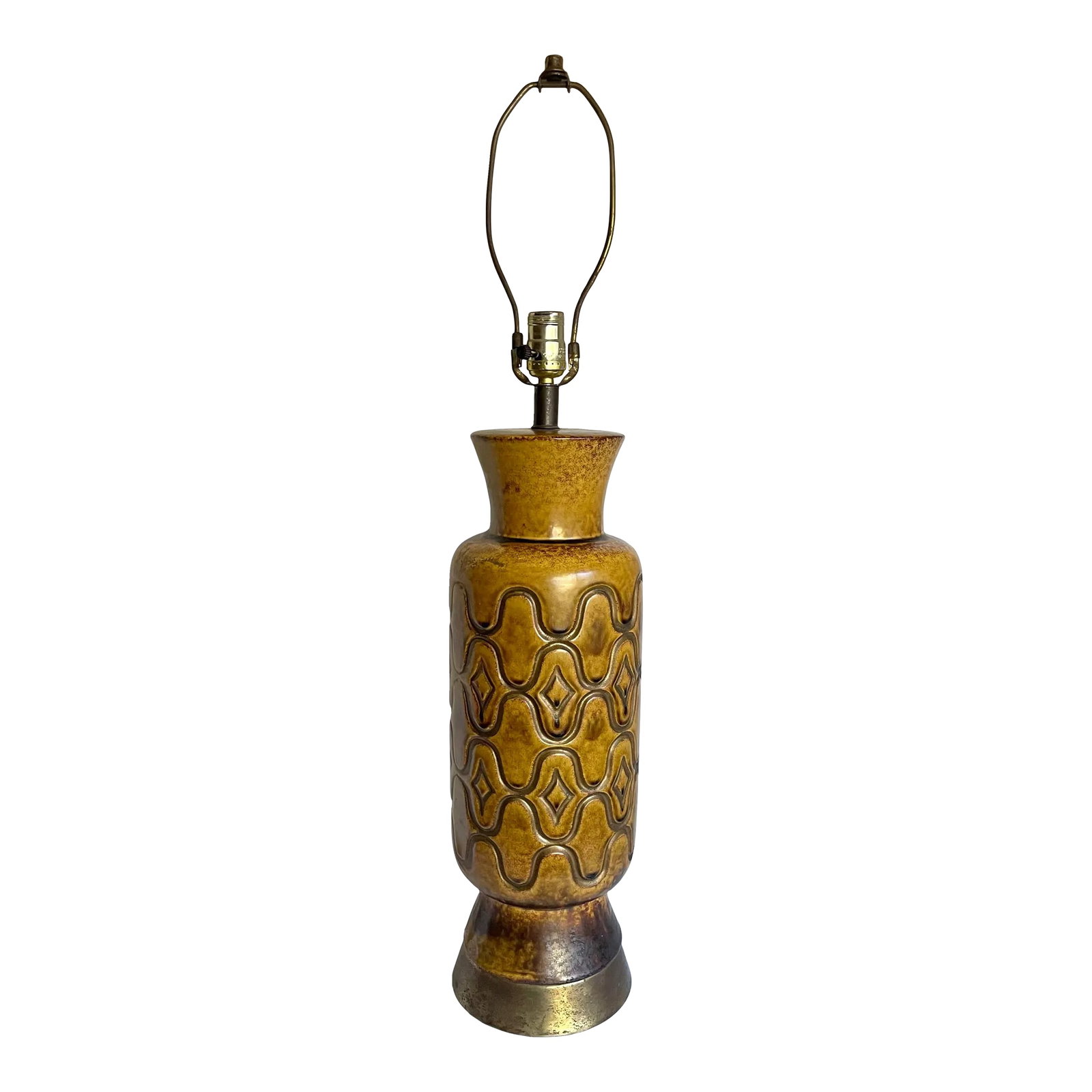 1960s Mid-Century Modern Ceramic Glazed Pottery Lamp: Here is a fantastic art lamp from the mid-century featuring a ceramic pottery body with geometric, etched details and a glazed finish. I just adore the coloring of this lamp, as it really goes with an