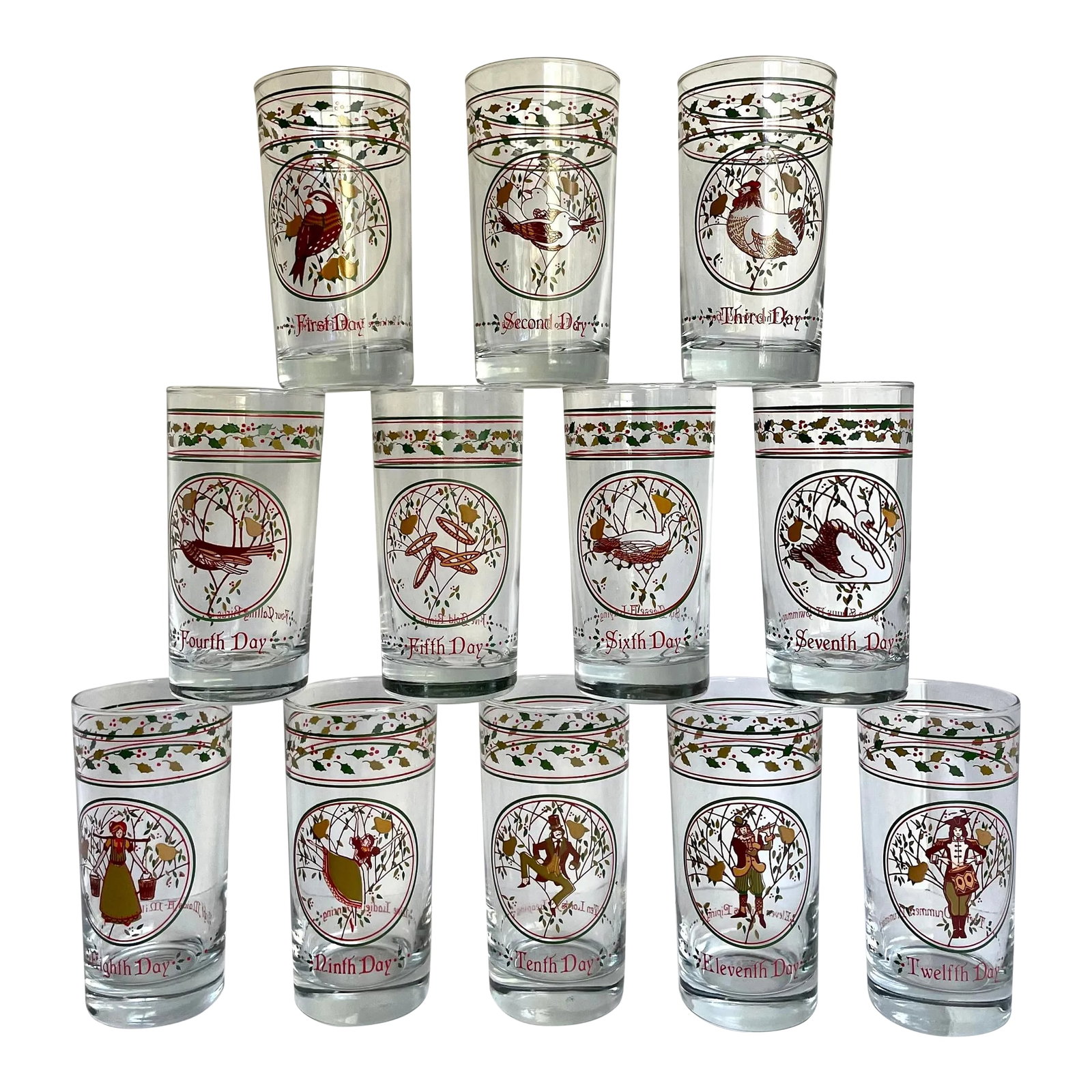 Mid 20th Century Complete Set 12 Days of Christmas Anchor Hocking Glasses: Here is a fantastic set of TWELVE glasses by Anchor Hocking featuring all the 12 Days of Christmas. Each glass is unique! The glass says the day and has a matching picture to the gift. This set is so