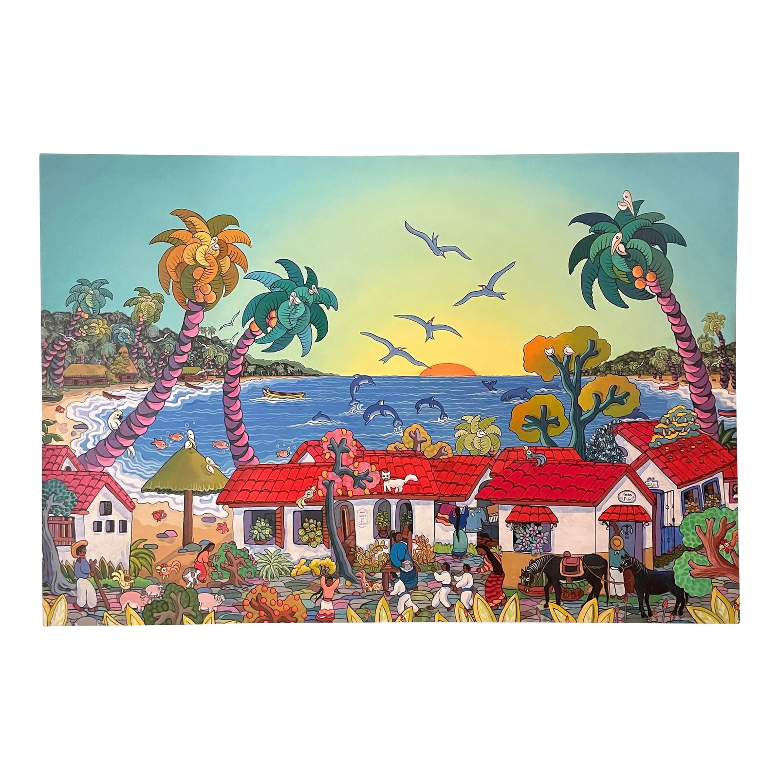 2001 Original Signed Mexican Fine Art Painting on Canvas by Ada Colorina: Here is a stunning and colorful painting made by Ada Colorina in 2001 from Puerto Vallarta, Mexico. The piece is painted on canvas and stretched on a solid wood frame. It is signed in the lower right