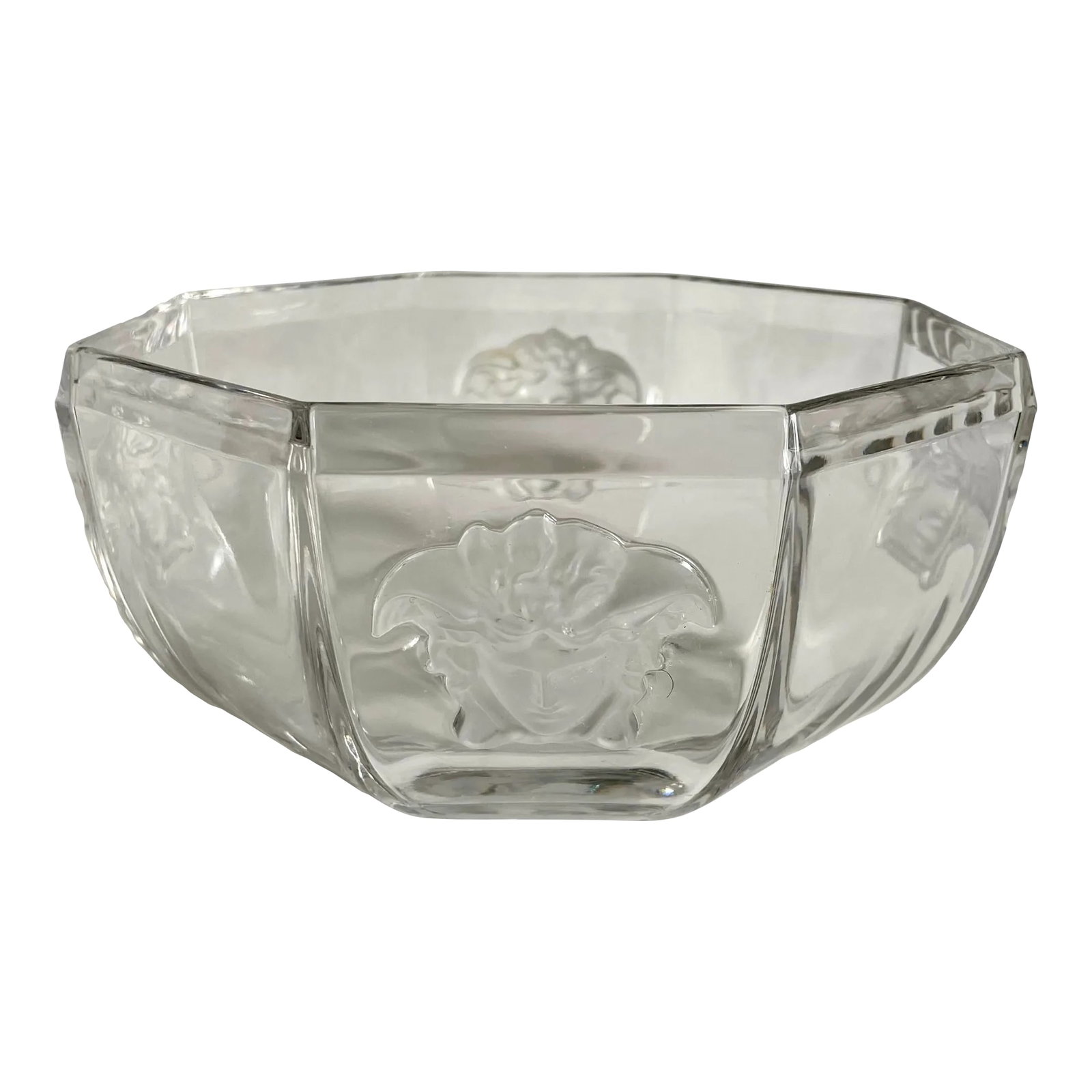 Versace Rosenthal Medusa Lumiere Crystal Bowl: Here is an incredible crystal bowl designed by Versace, made by Rosenthal, featuring the Versace Medusa face on four sides. It is made with the finest crystal. The bowl has an octagonal shape, the