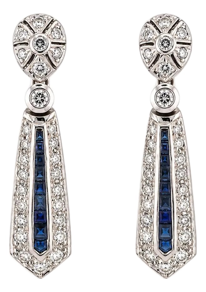Mid 20th Century Pair of 18k Diamond & Sapphire Earrings: 18k White gold earrings with 54 round diamonds weighing approximately 1.50 carats and 18 sapphires weighing approximately 1.25 carats. 9.55g Condition: Alterations: Original Condition Unaltered