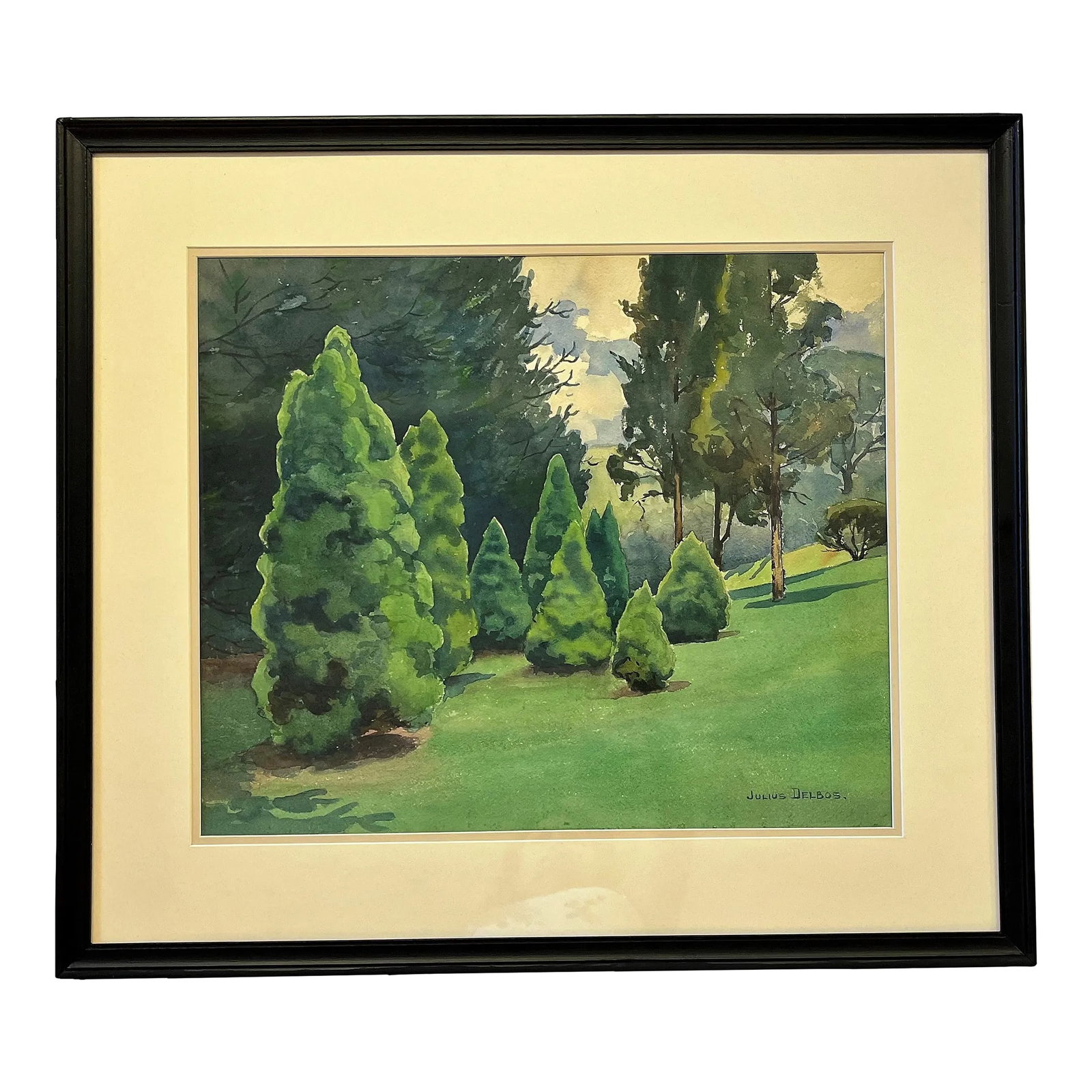 Original Signed Julius Delbos Watercolor Painting Titled 'Dwarf Alberta Spruce' C1943: Beautifully done original signed watercolor painting by Julius Maximilian Delbos (1879-1970). The original tag is included in an envelope on the back from Kleeman Galleries in New York City. The