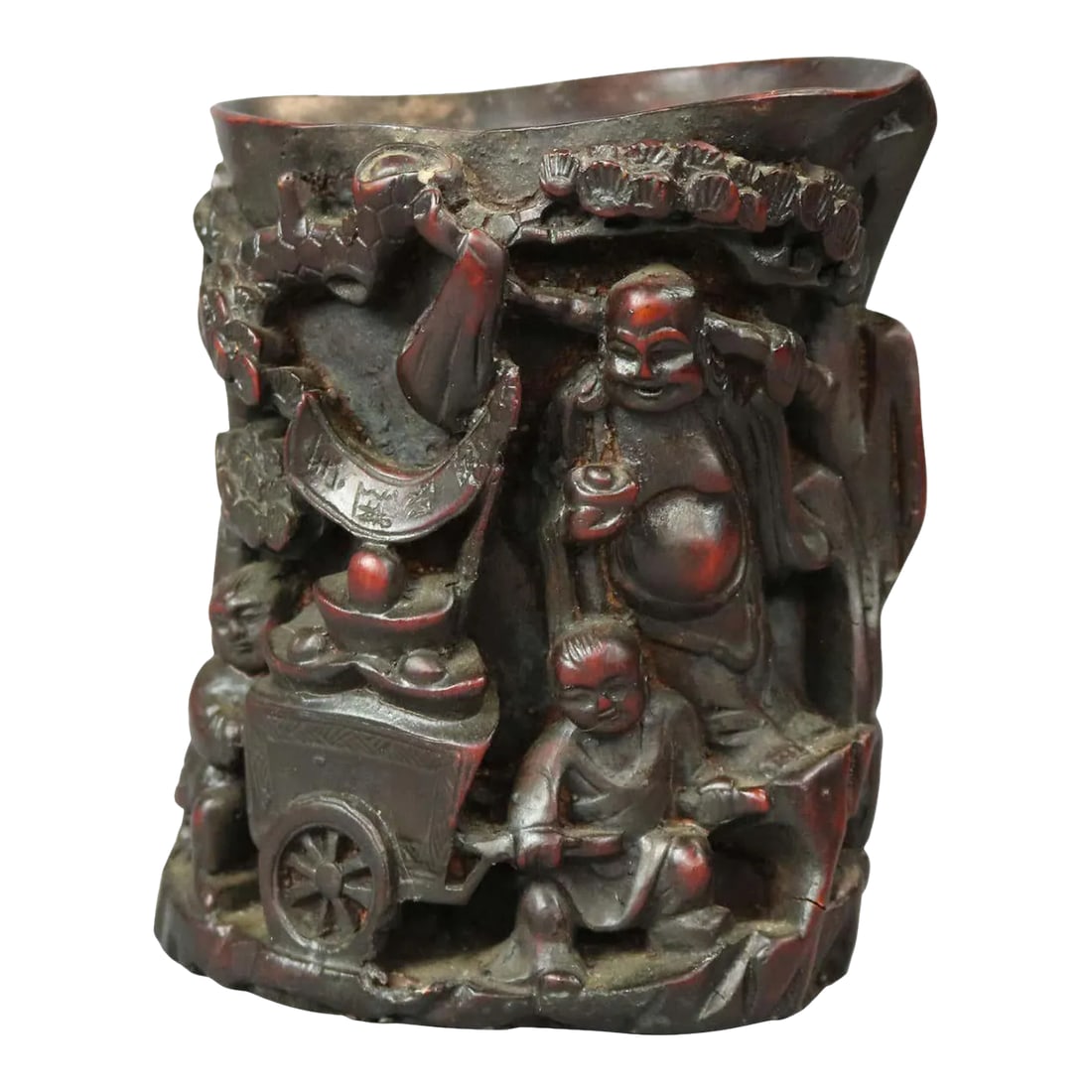 Antique Chinese Carved-In-Relief Resin Genre Scene Libation Cup: An antique Chinese libation cup offers resin construction with carved-in-relief genre scene having figures and cart in countryside setting, 20th century. Measures: 6"H x 4.75"W x 3.5"D. Condition: