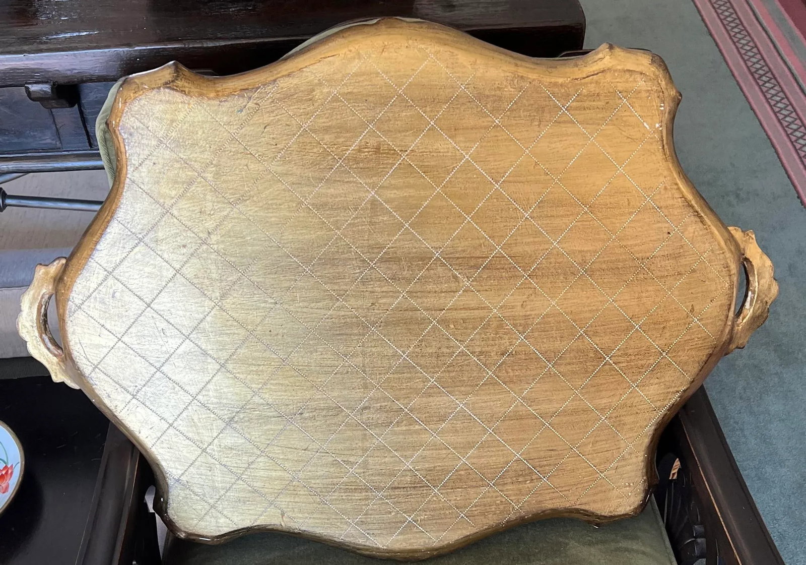 Vintage Hollywood Regency Florentine Turquoise & Gold Wood Tray - 11