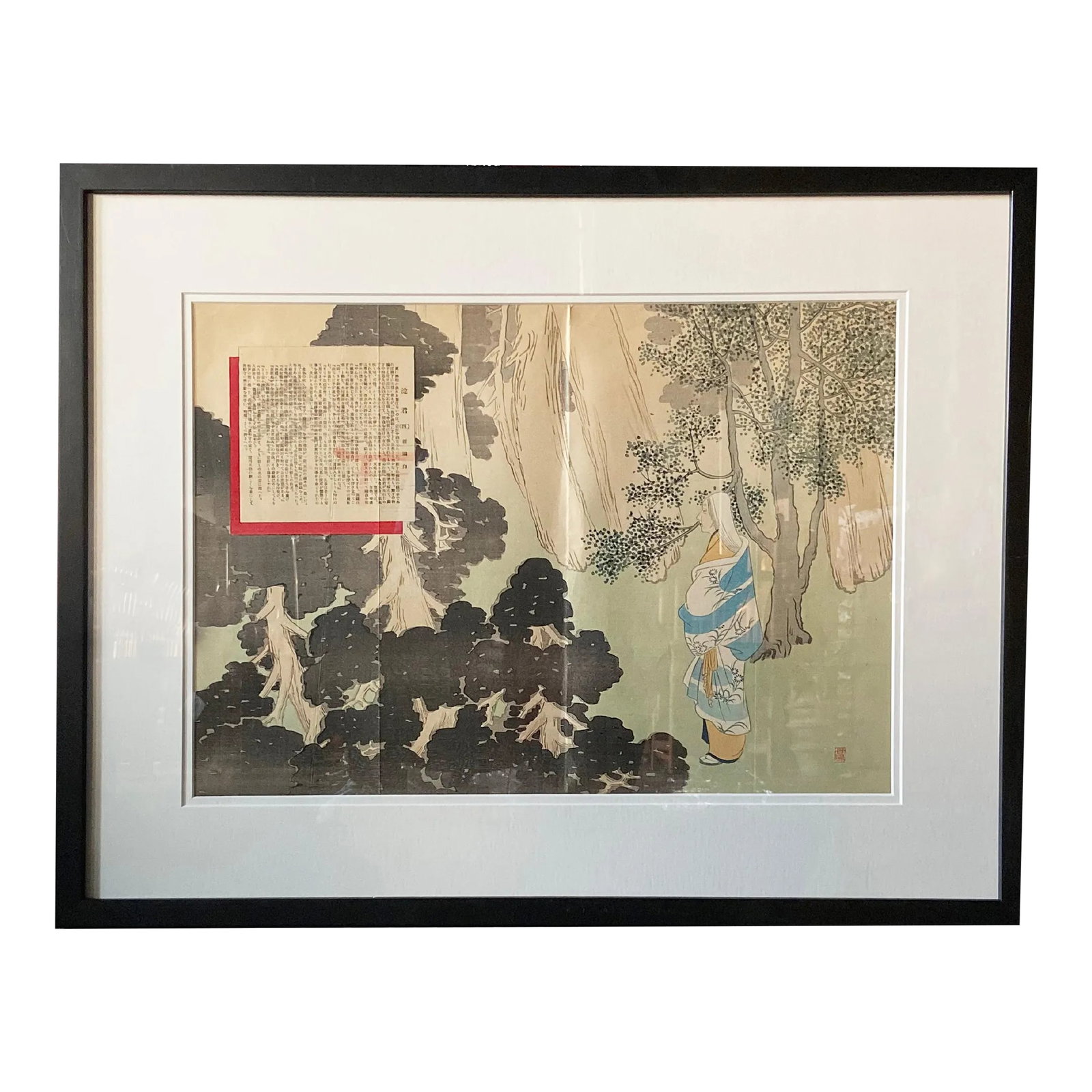 Antique Japanese Framed Woodblock Print Depicting a Woman in the Woods: An antique Japanese woodblock print from the 19th century depicting a woman in the woods. Created in Japan during the 19th century, this woodblock print showcases an outdoor scene depicting a white ha