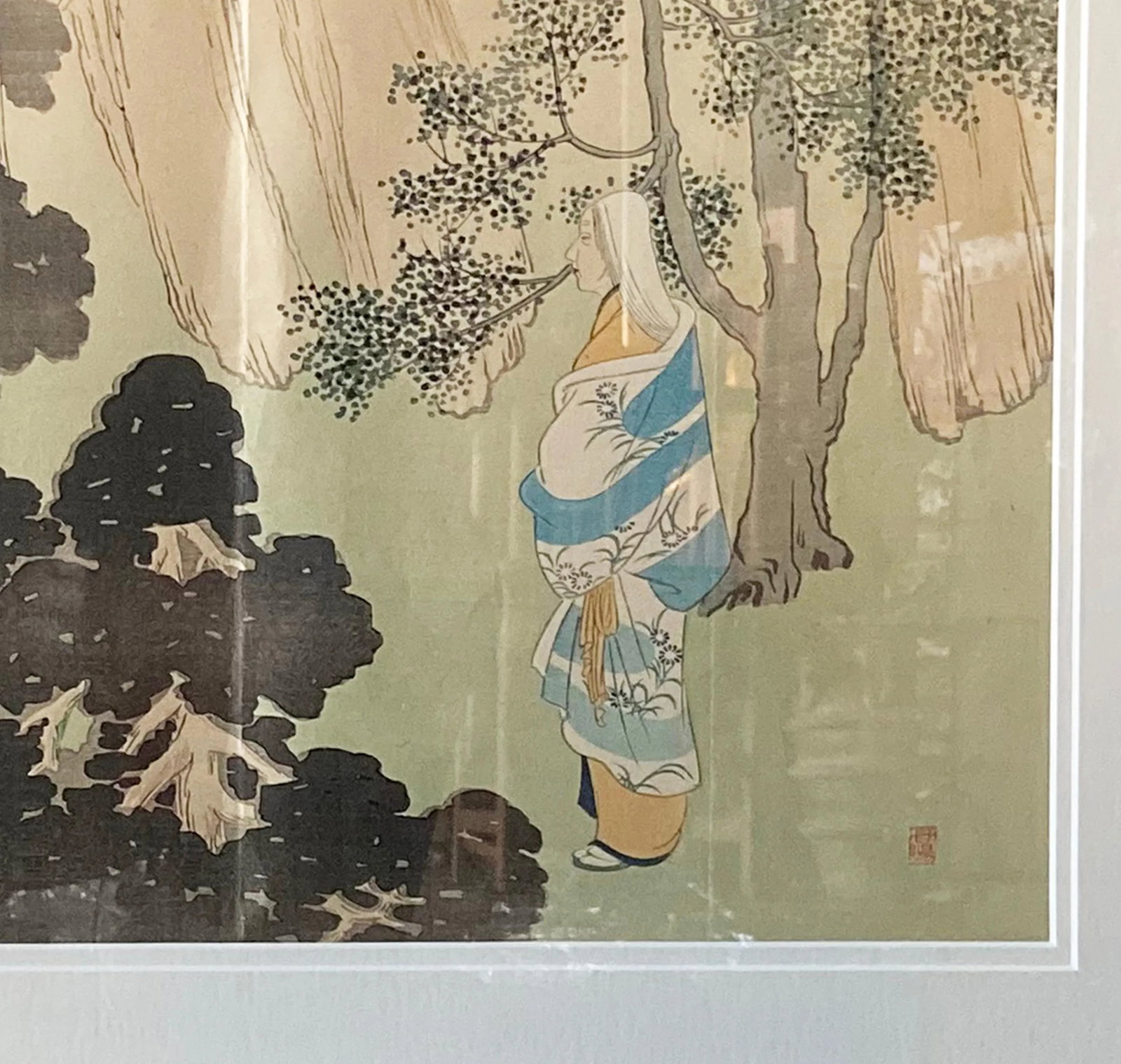Antique Japanese Framed Woodblock Print Depicting a Woman in the Woods - 2