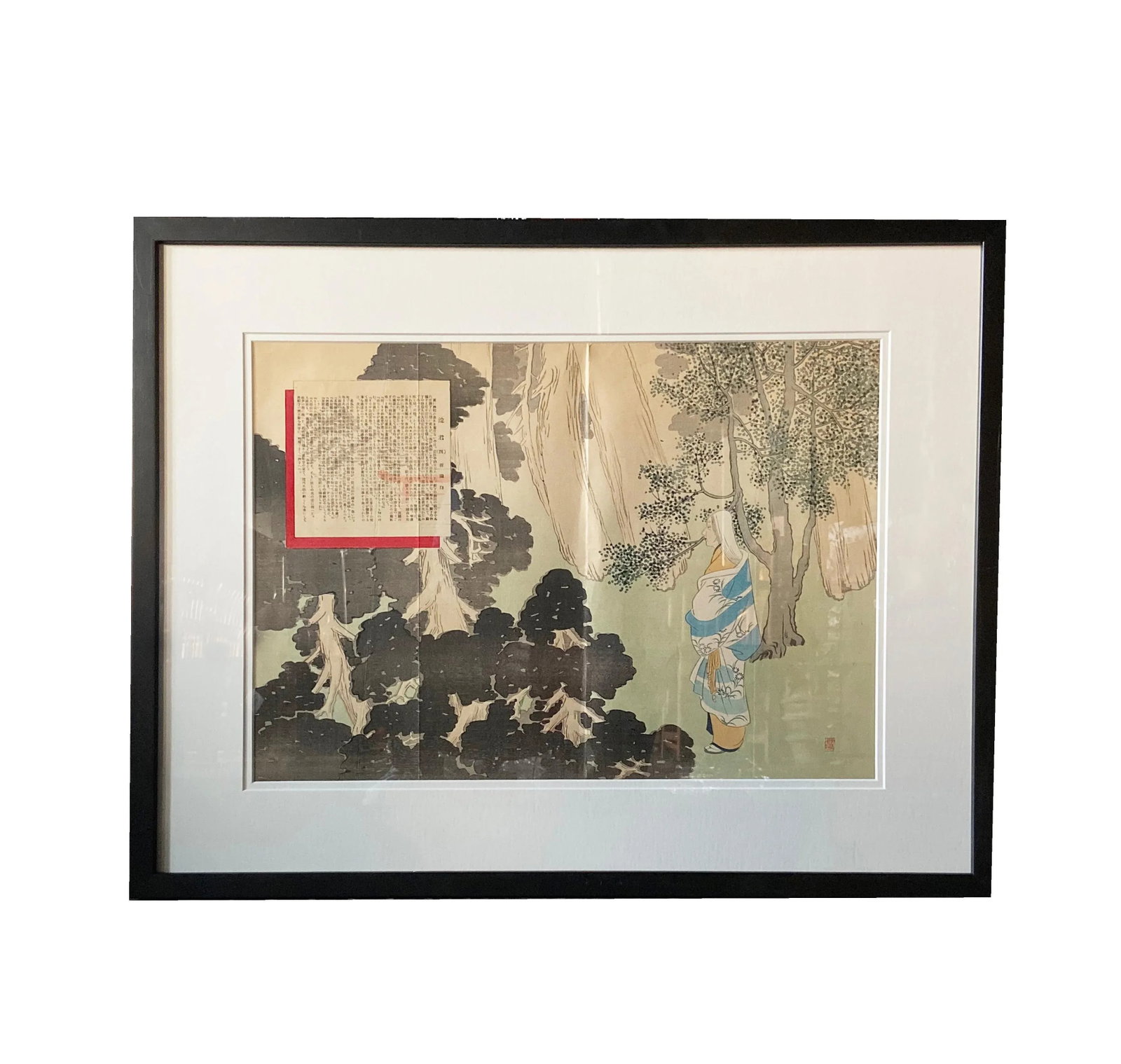 Antique Japanese Framed Woodblock Print Depicting a Woman in the Woods - 3