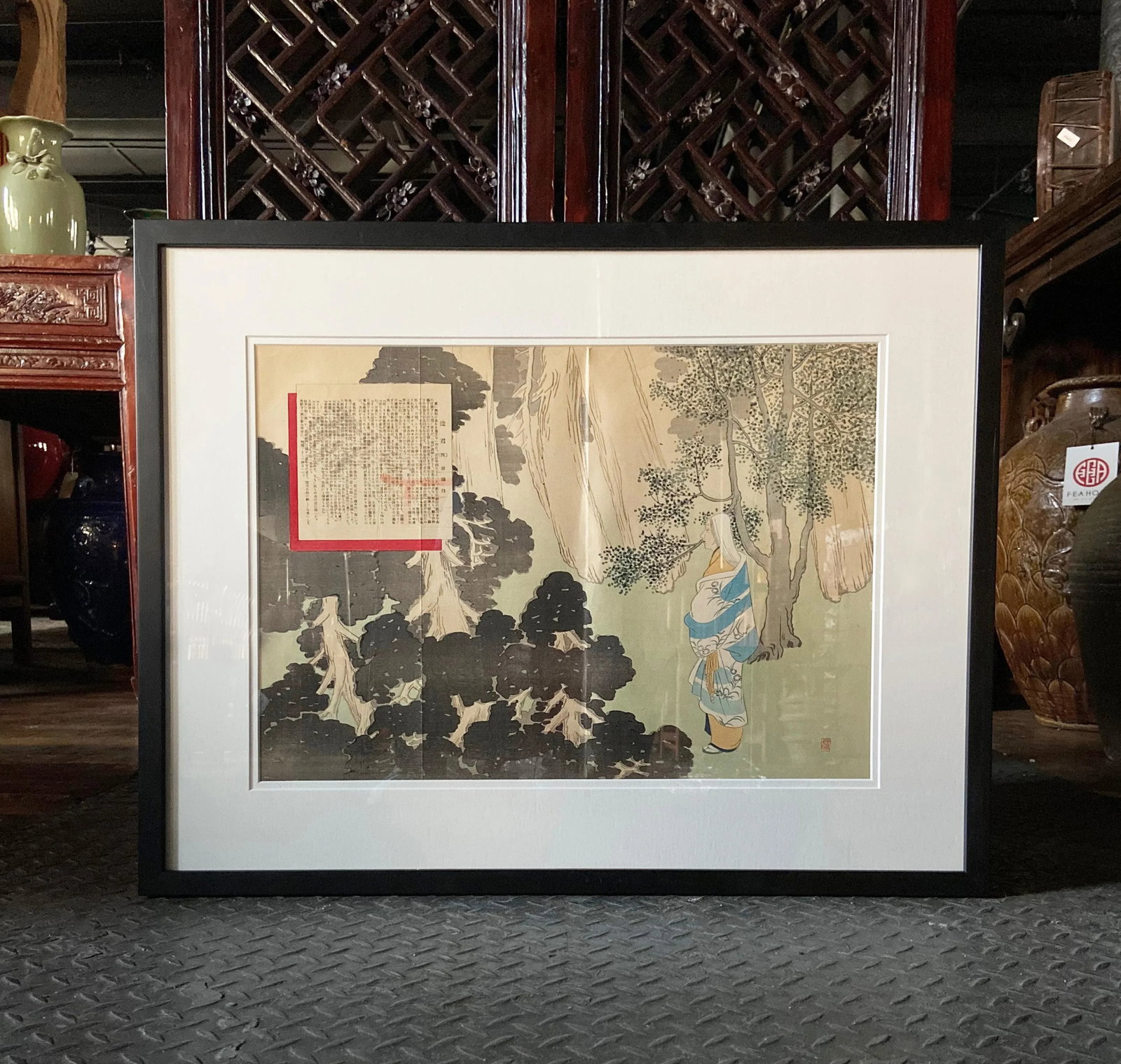 Antique Japanese Framed Woodblock Print Depicting a Woman in the Woods - 4