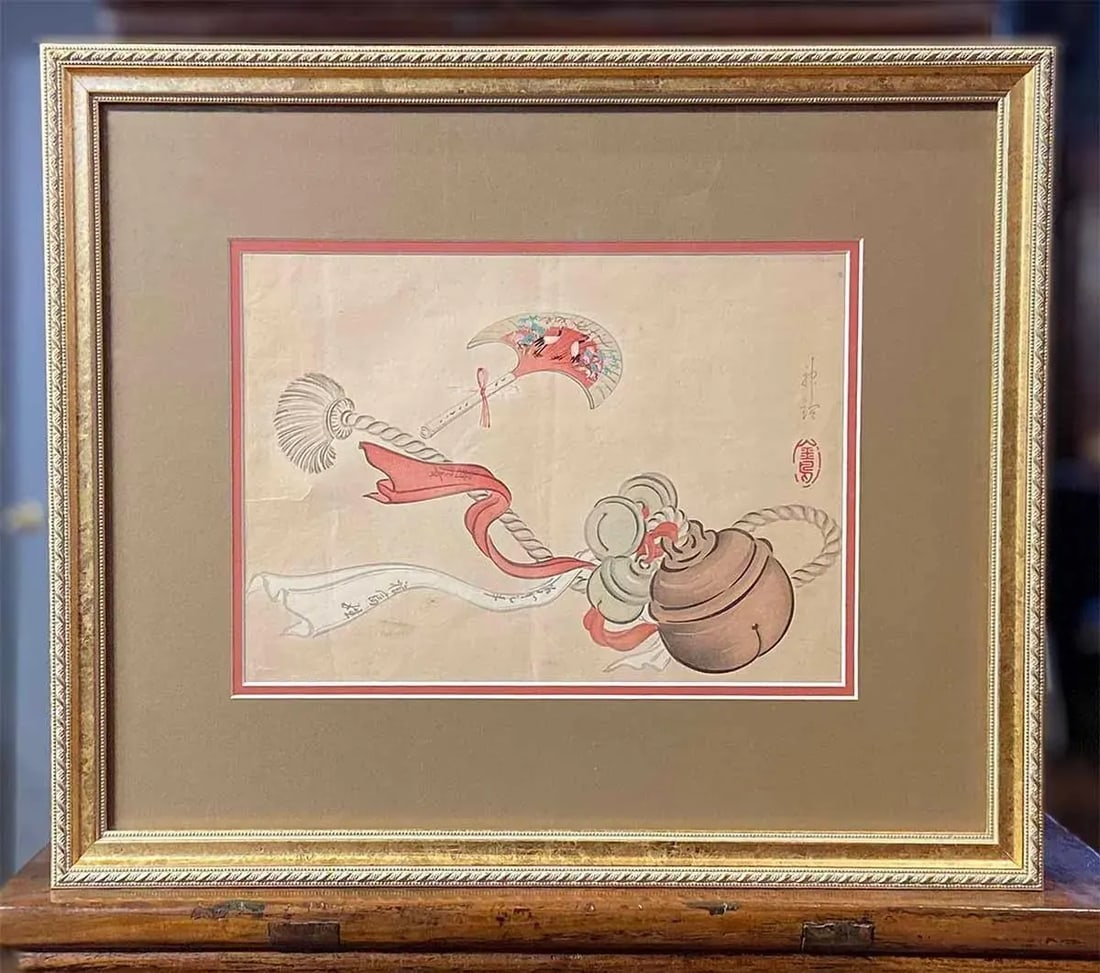 19th Century Japanese Woodblock Print Depicting a Ceremonial Tassel and Fan - 2