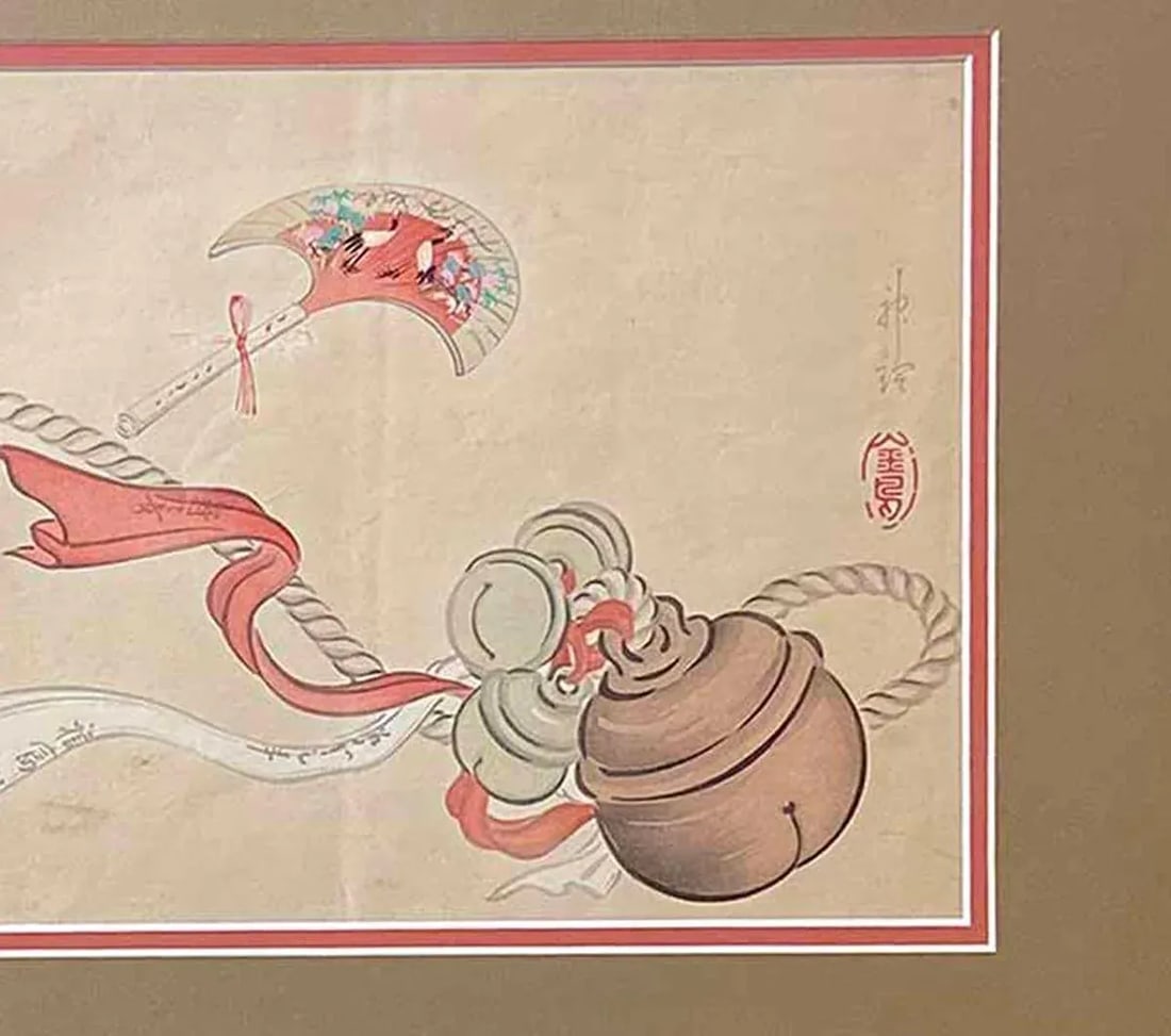 19th Century Japanese Woodblock Print Depicting a Ceremonial Tassel and Fan - 3
