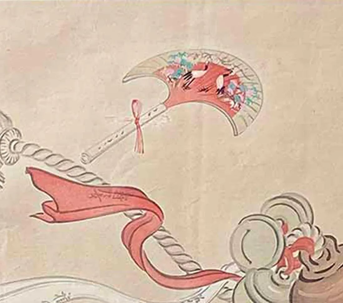 19th Century Japanese Woodblock Print Depicting a Ceremonial Tassel and Fan - 4
