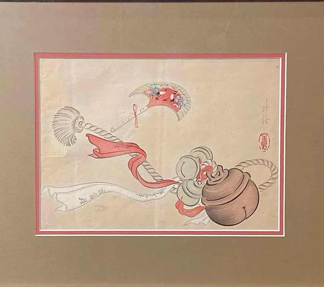19th Century Japanese Woodblock Print Depicting a Ceremonial Tassel and Fan - 5