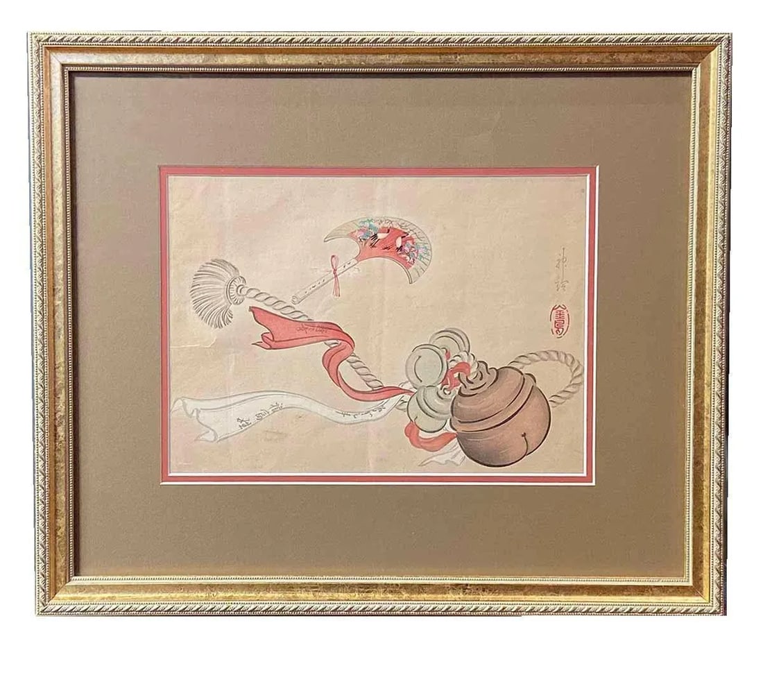 19th Century Japanese Woodblock Print Depicting a Ceremonial Tassel and Fan - 6