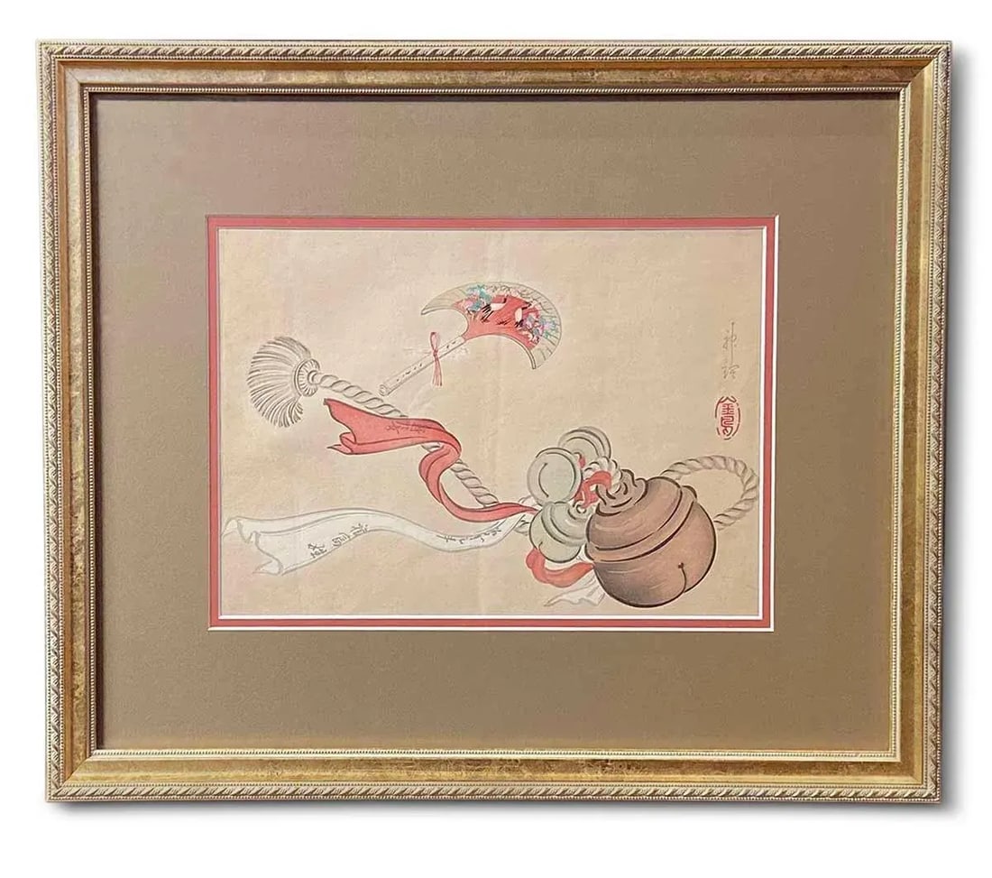 19th Century Japanese Woodblock Print Depicting a Ceremonial Tassel and Fan - 7