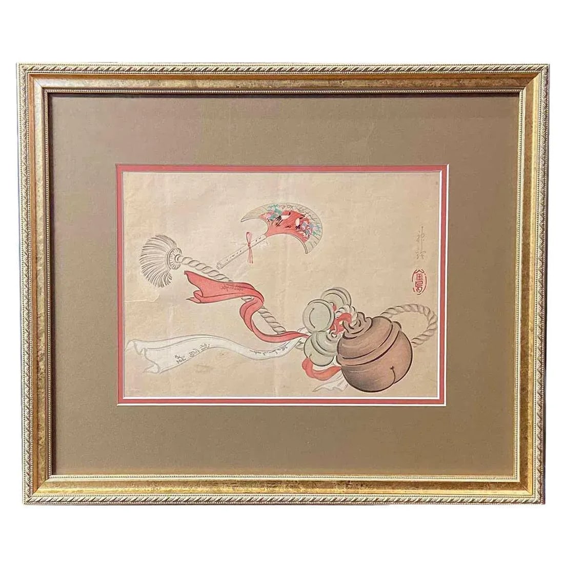 19th Century Japanese Woodblock Print Depicting a Ceremonial Tassel and Fan - 8