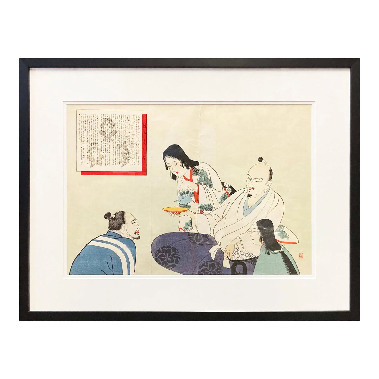 19th Century Japanese Woodblock Print Depicting Monks Having Tea, in Black Frame: An antique Japanese woodblock print from the 19th century depicting monks having tea. Created in Japan during the 19th century, this woodblock print showcases an indoor scene featuring monks having