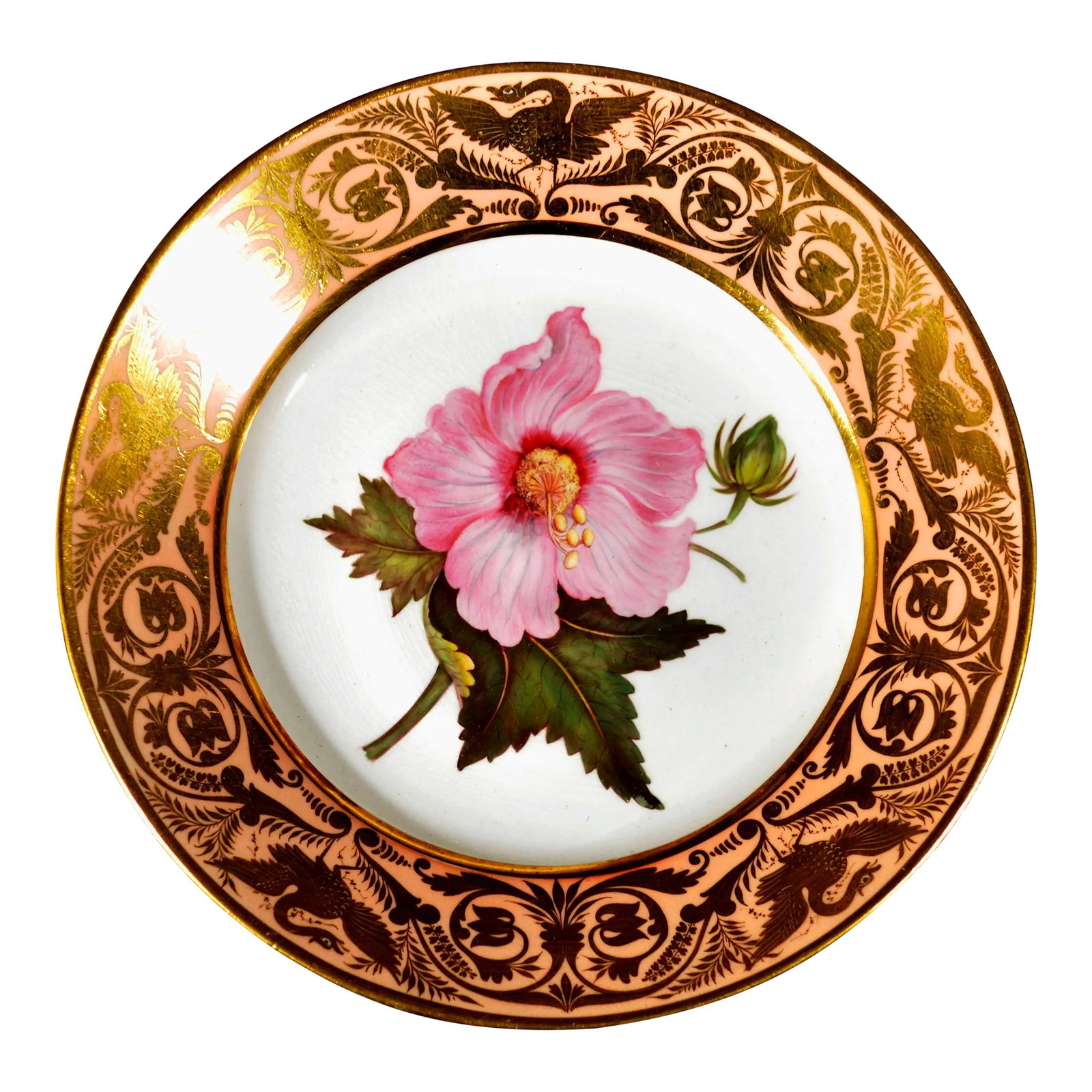 Antique Derby Porcelain Salmon Ground Plate, a Marsh Hibiscus, by John Brewer After William Curtis (1 of 7)