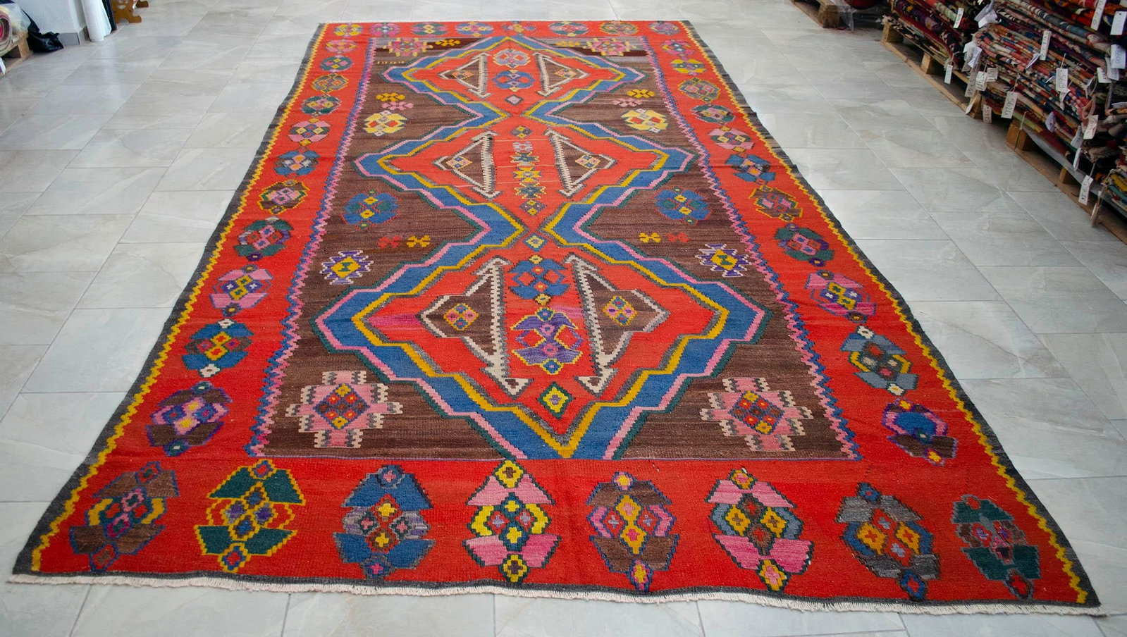 1990s Vintage Handwoven Turkish Kilim Rug Large Living Room Decor - 6"²11"³ X 13"² - 14